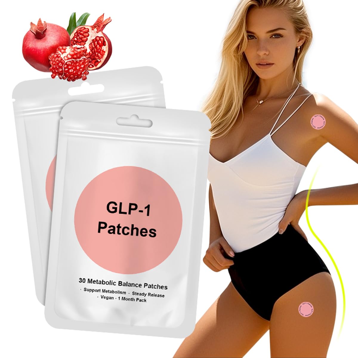 GLP-1 patch showing botanical blend with berberine, pomegranate, cinnamon and L-glutamine