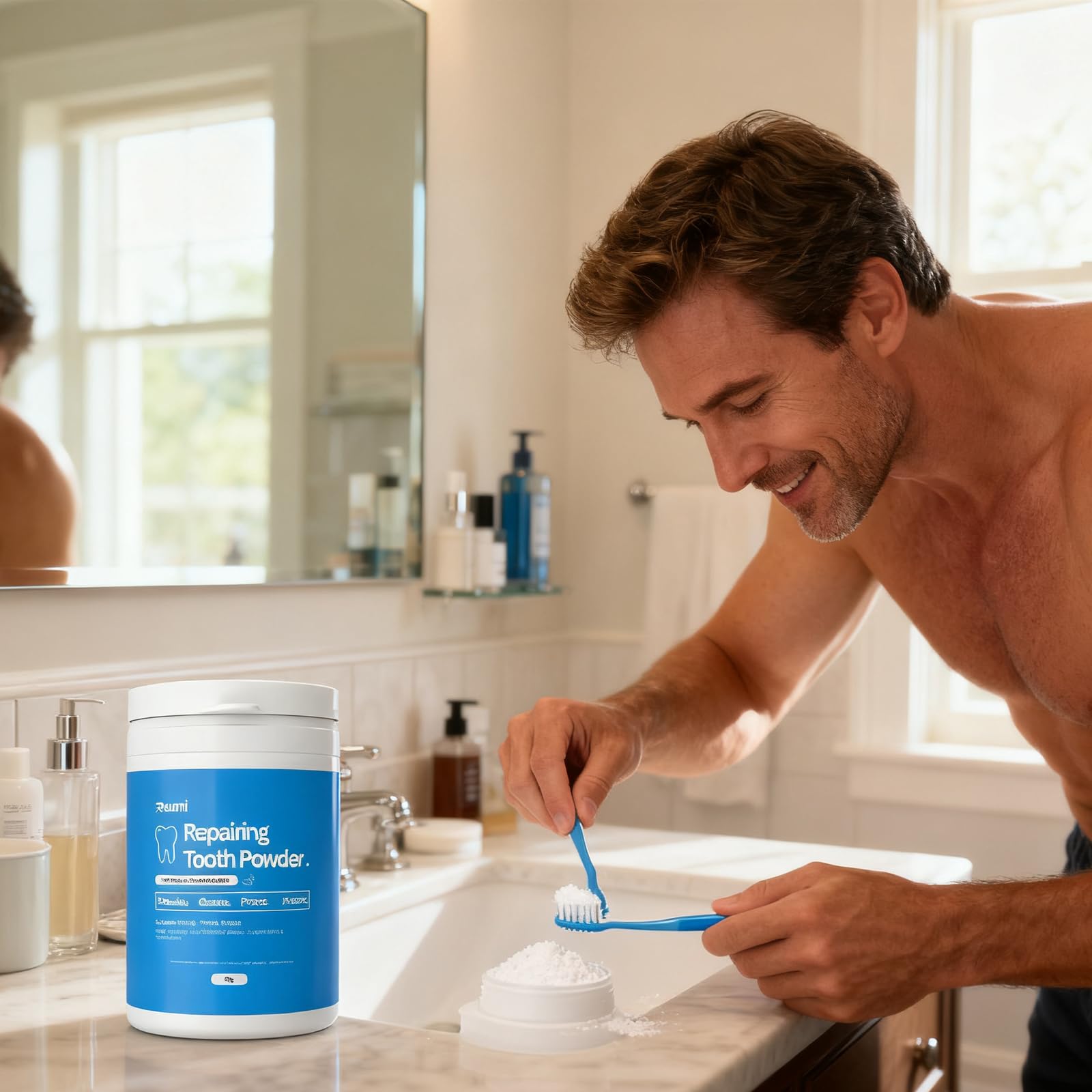Reumi Tooth Repairing Powder being used with toothbrush