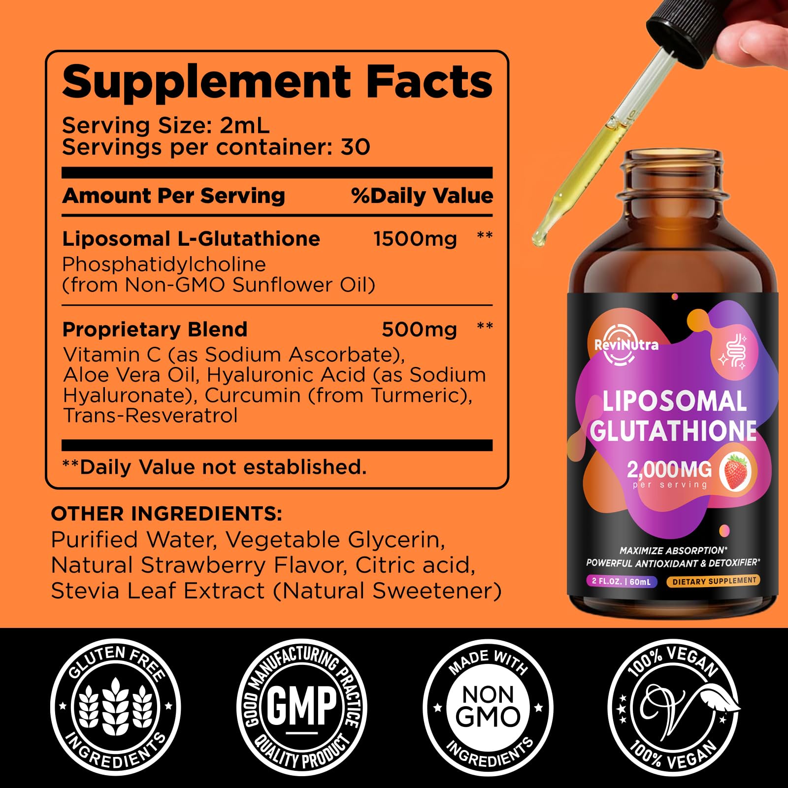 Quality testing and vegan gluten-free non-GMO seal on product label