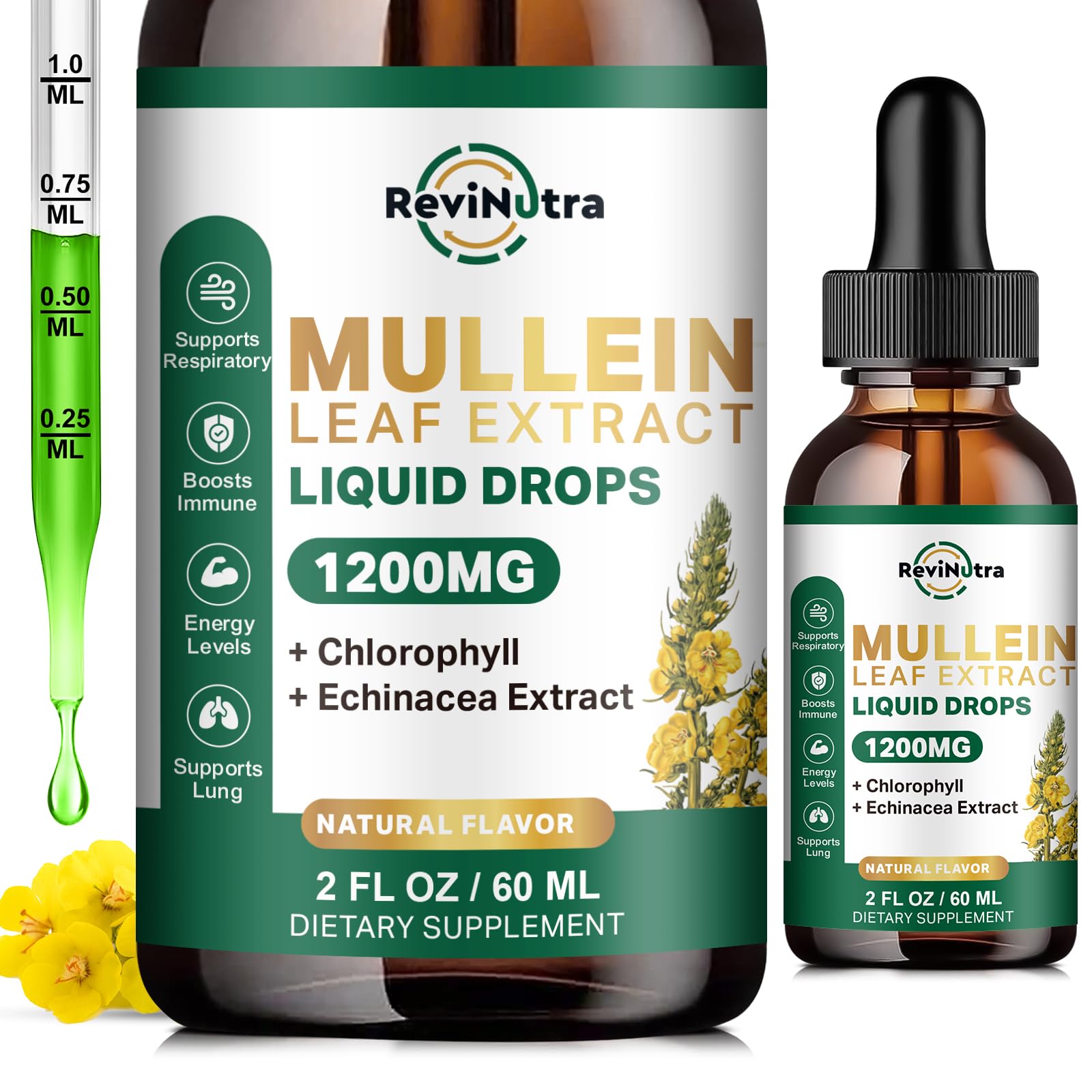 ReviNutra Mullein Drops bottle with label showing 1200mg