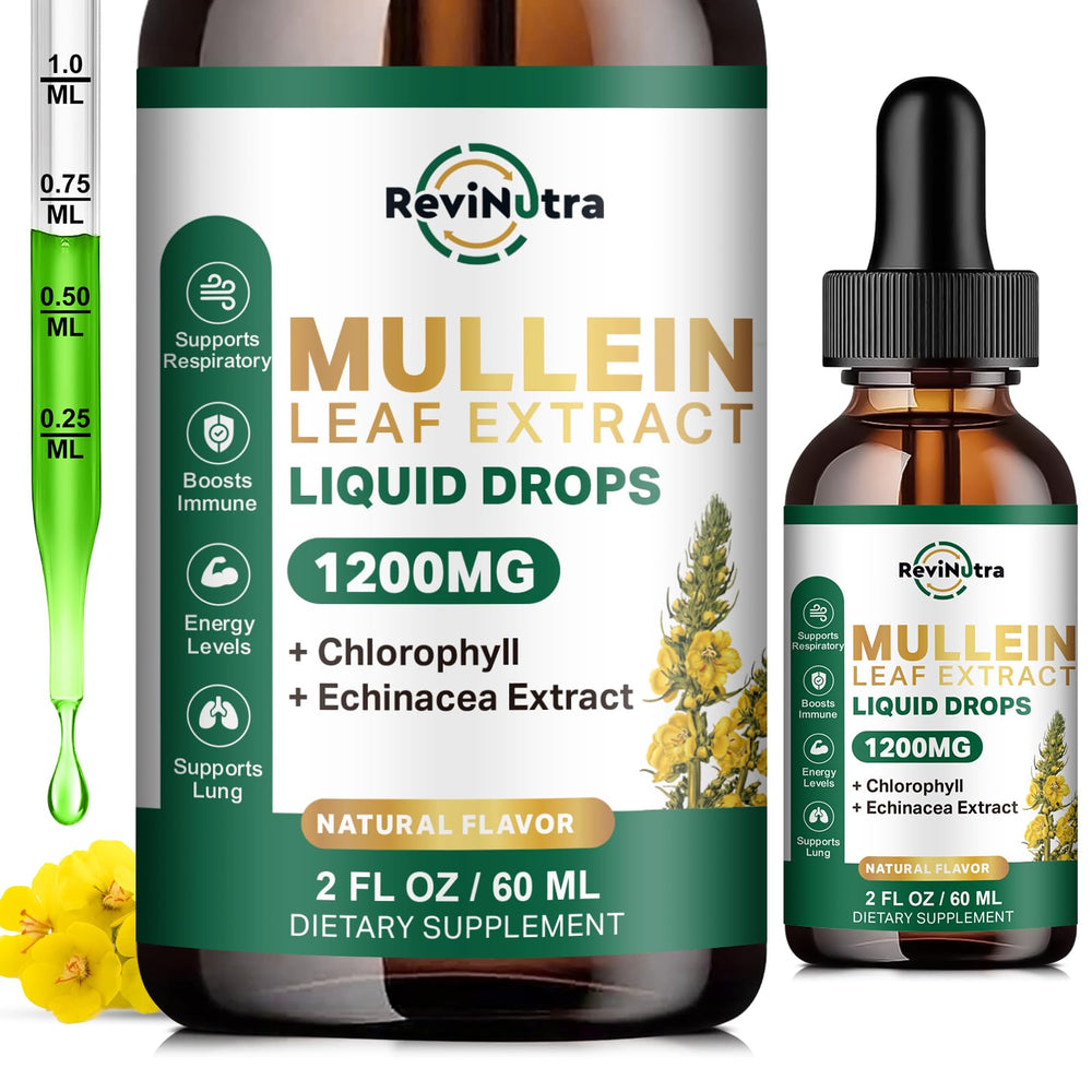 ReviNutra Mullein Drops bottle with label showing 1200mg