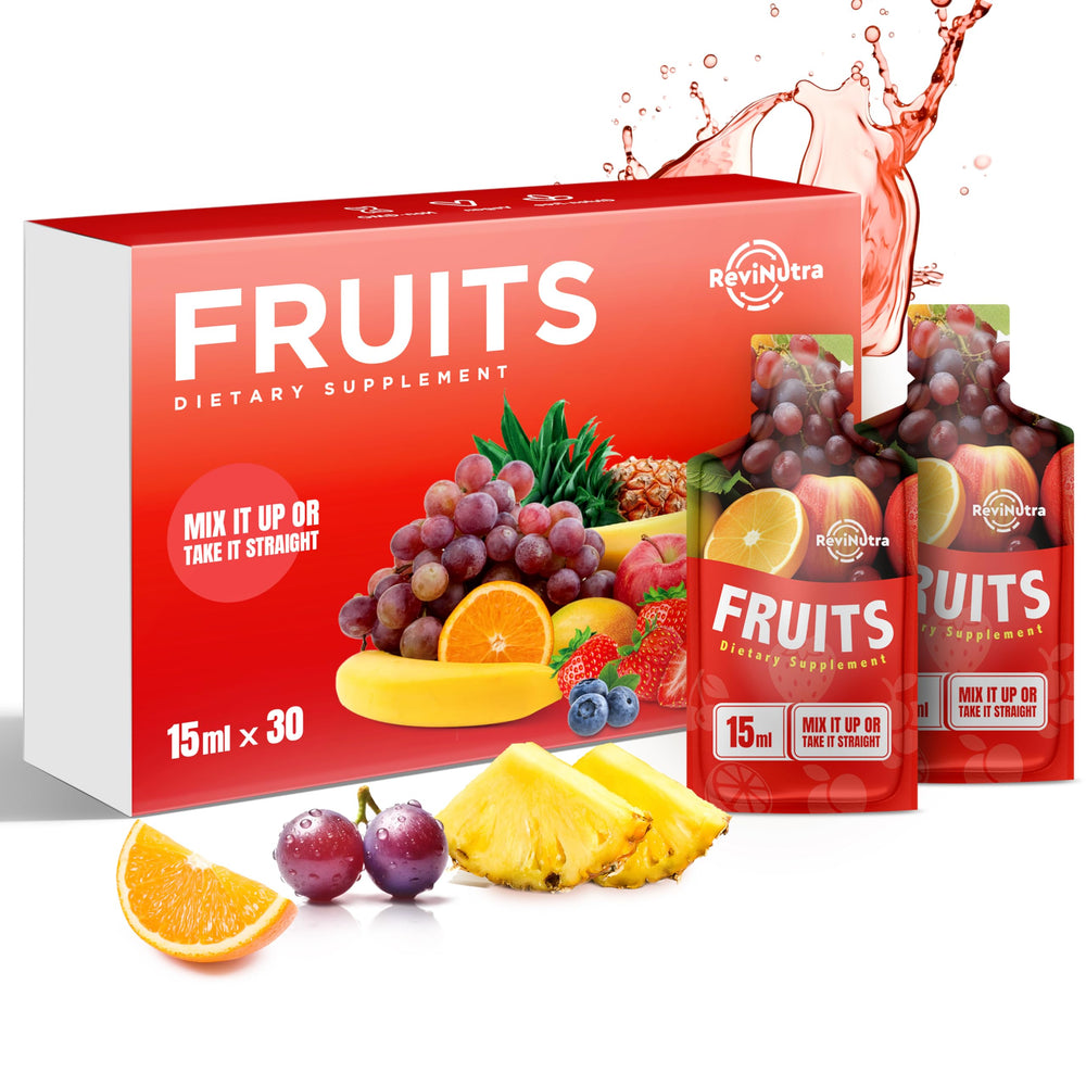 Bottle of ReviNutra Super Fruit Liquid Juice — 30 pouches