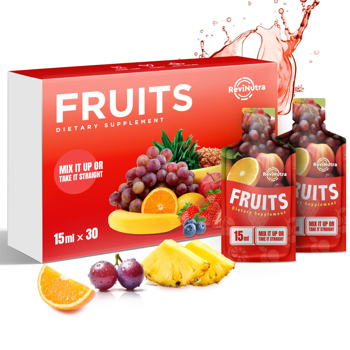 Bottle of ReviNutra Super Fruit Liquid Juice — 30 pouches