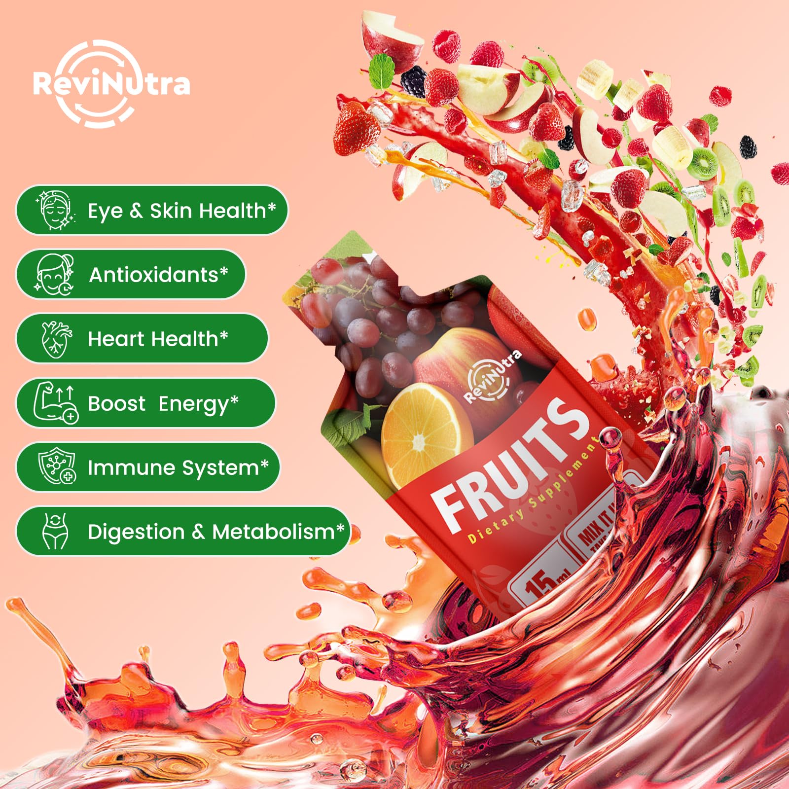 Close-up of ReviNutra fruit juice pouch