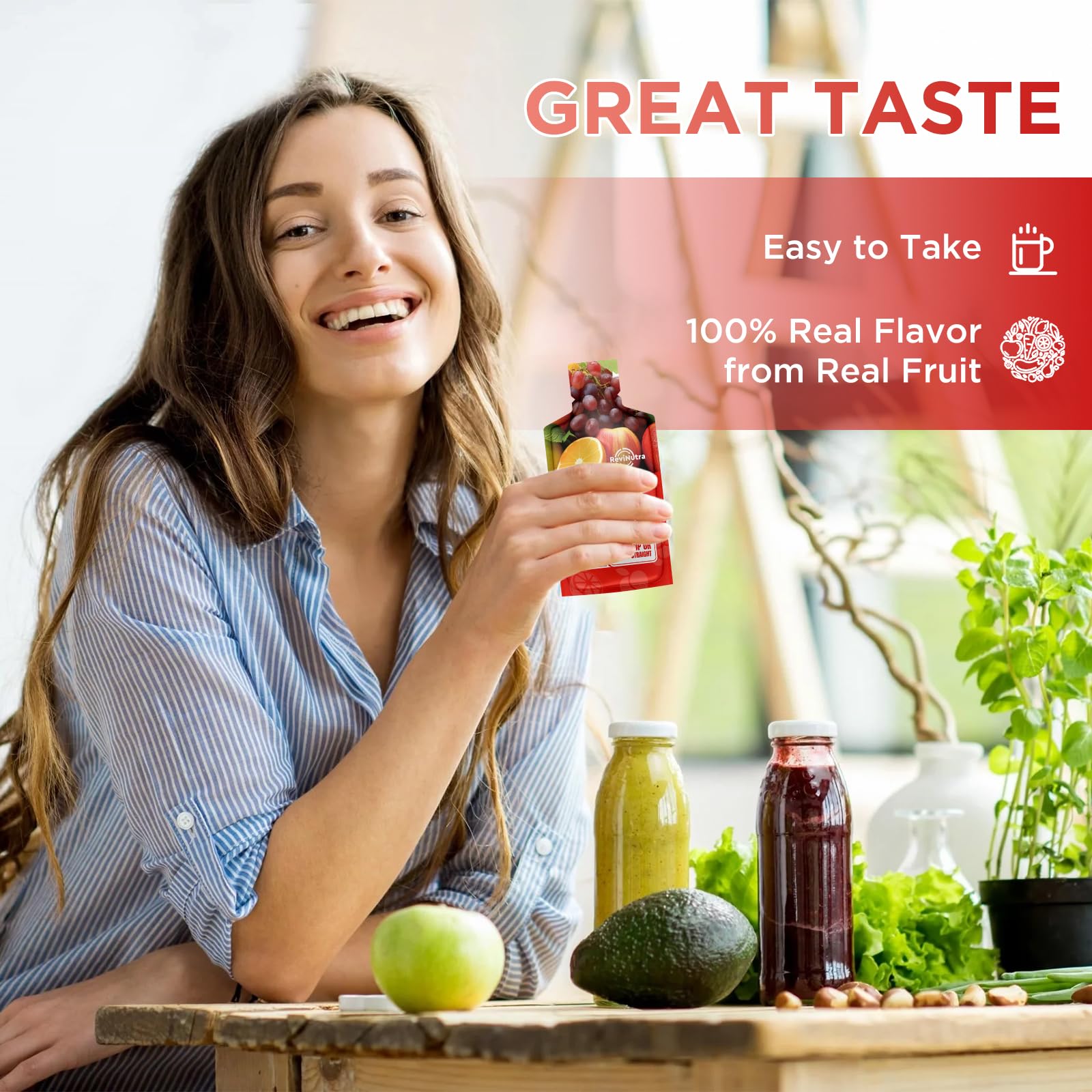 Lifestyle: woman drinking ReviNutra Super Fruit Liquid Juice