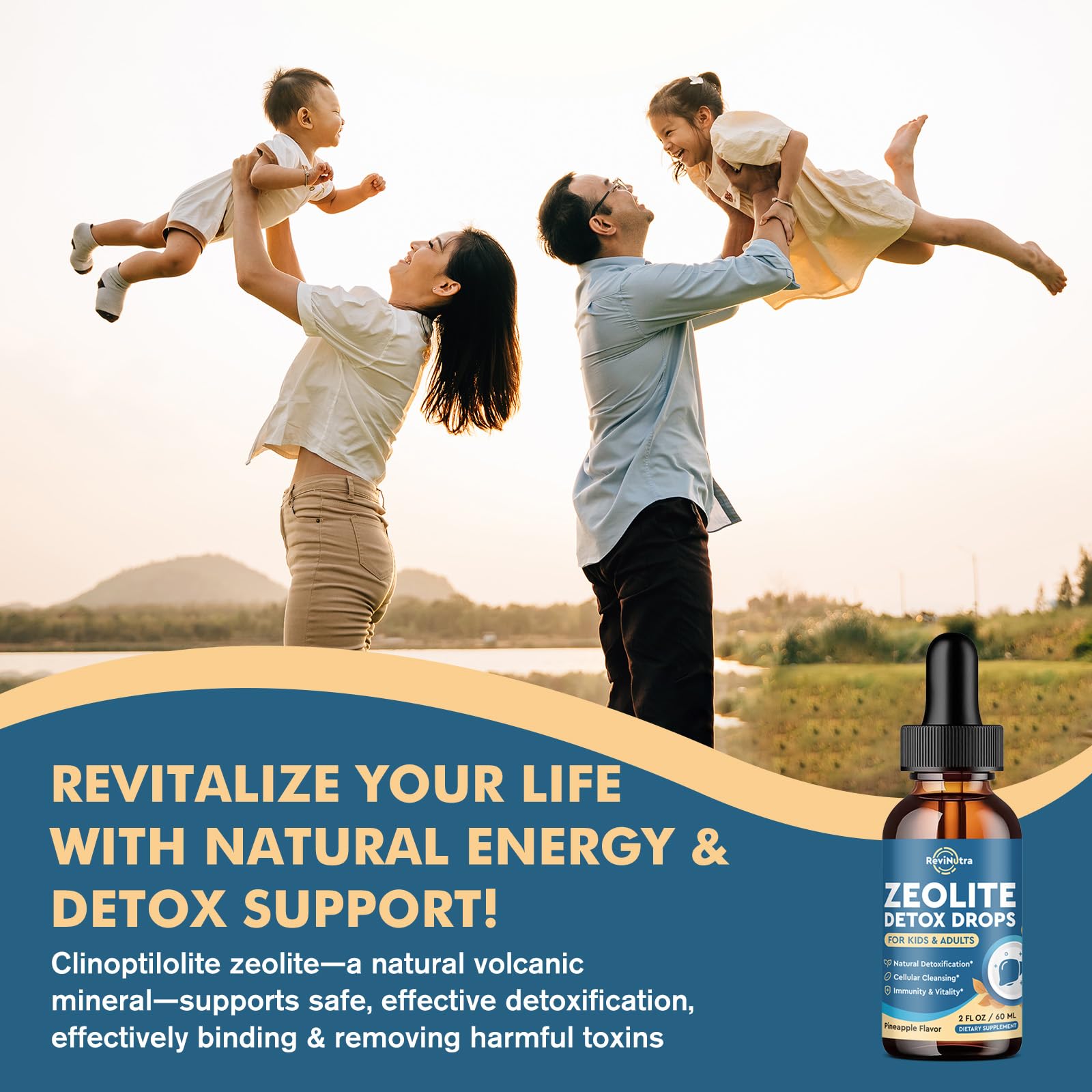 Lifestyle image: kids and adults using ReviNutra Zeolite Detox Drops
