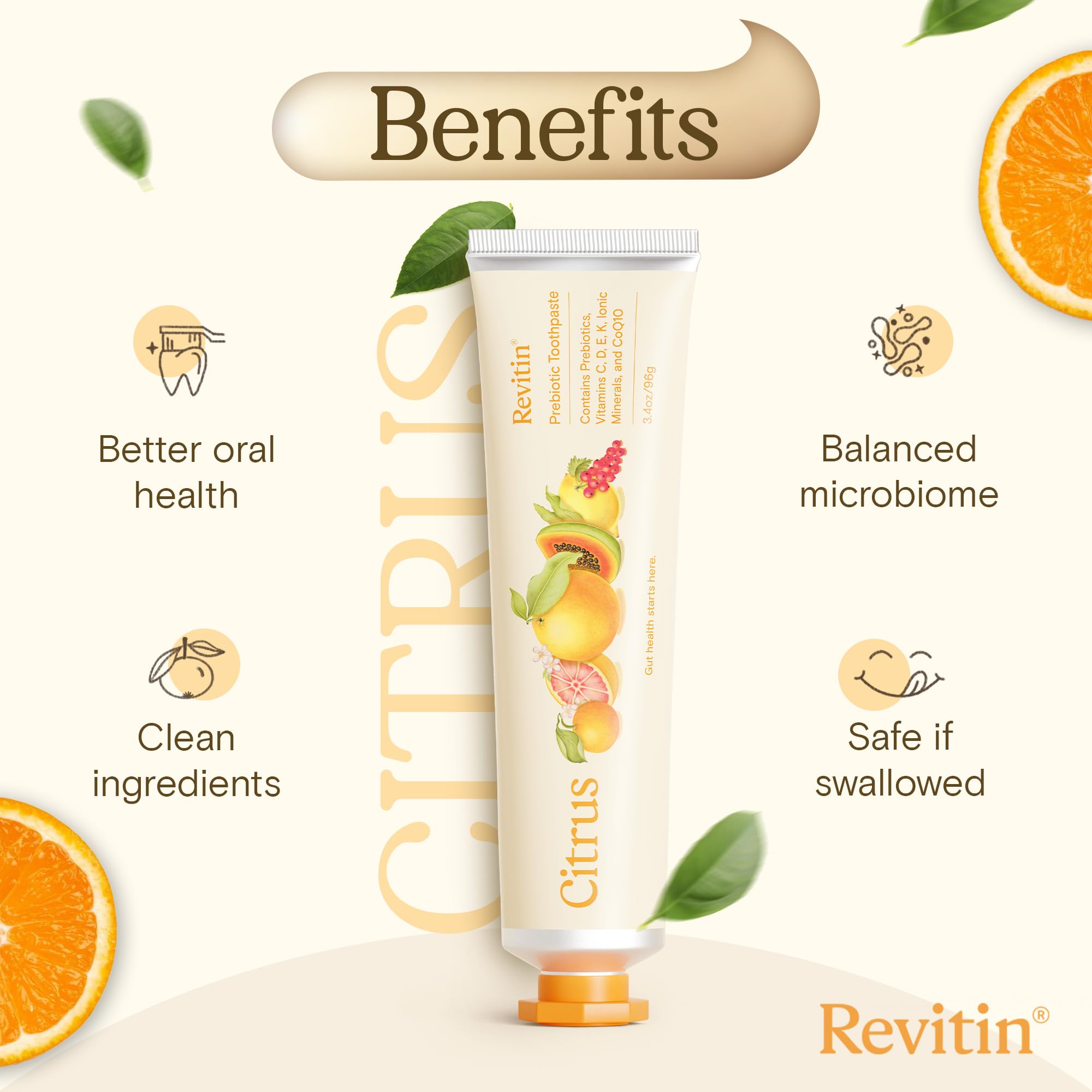 Close-up of Revitin toothpaste tube label showing citrus flavor