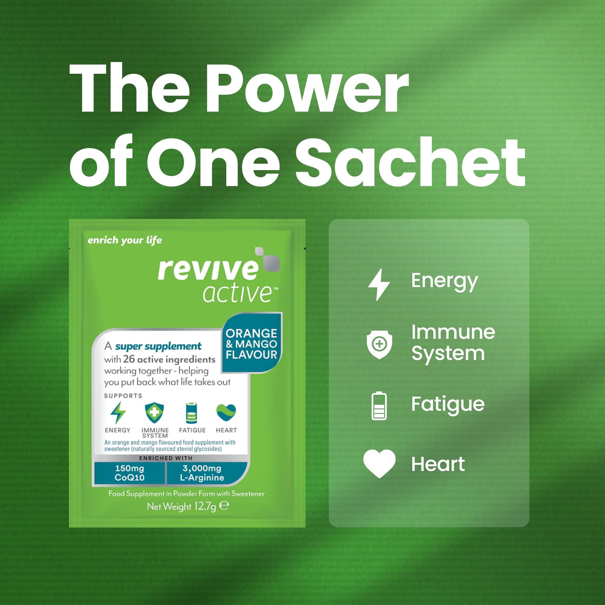 Revive Active orange-flavored sachet dissolving in water