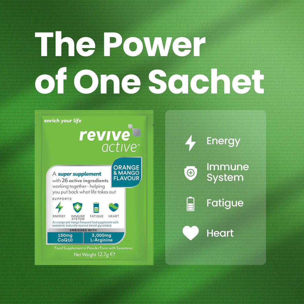 Revive Active orange-flavored sachet dissolving in water