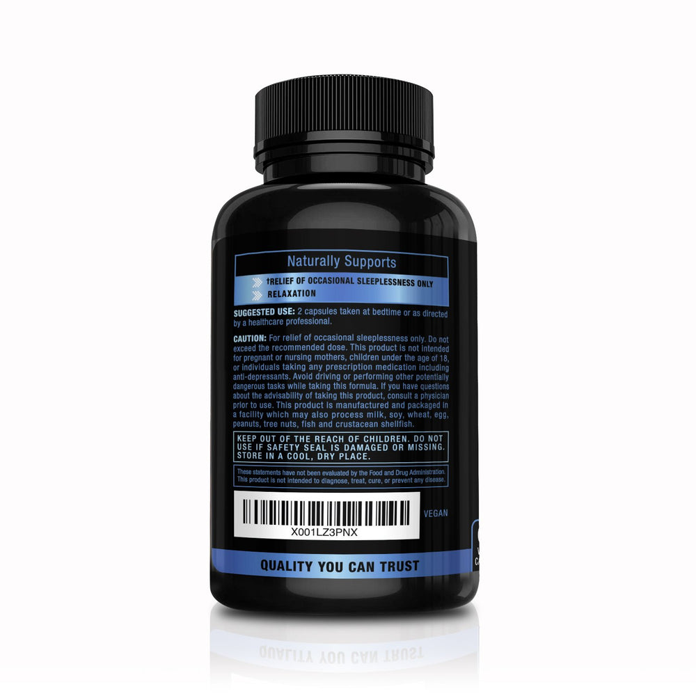 Close-up of ingredients: Magnesium, 5-HTP, Phellodendron Root Powder, Mucuna Pruriens