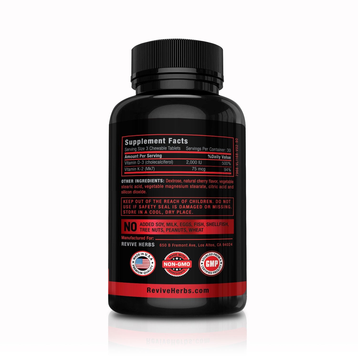 Close-up of cherry-flavored chewable tablet from Revive Herbs K2 D3