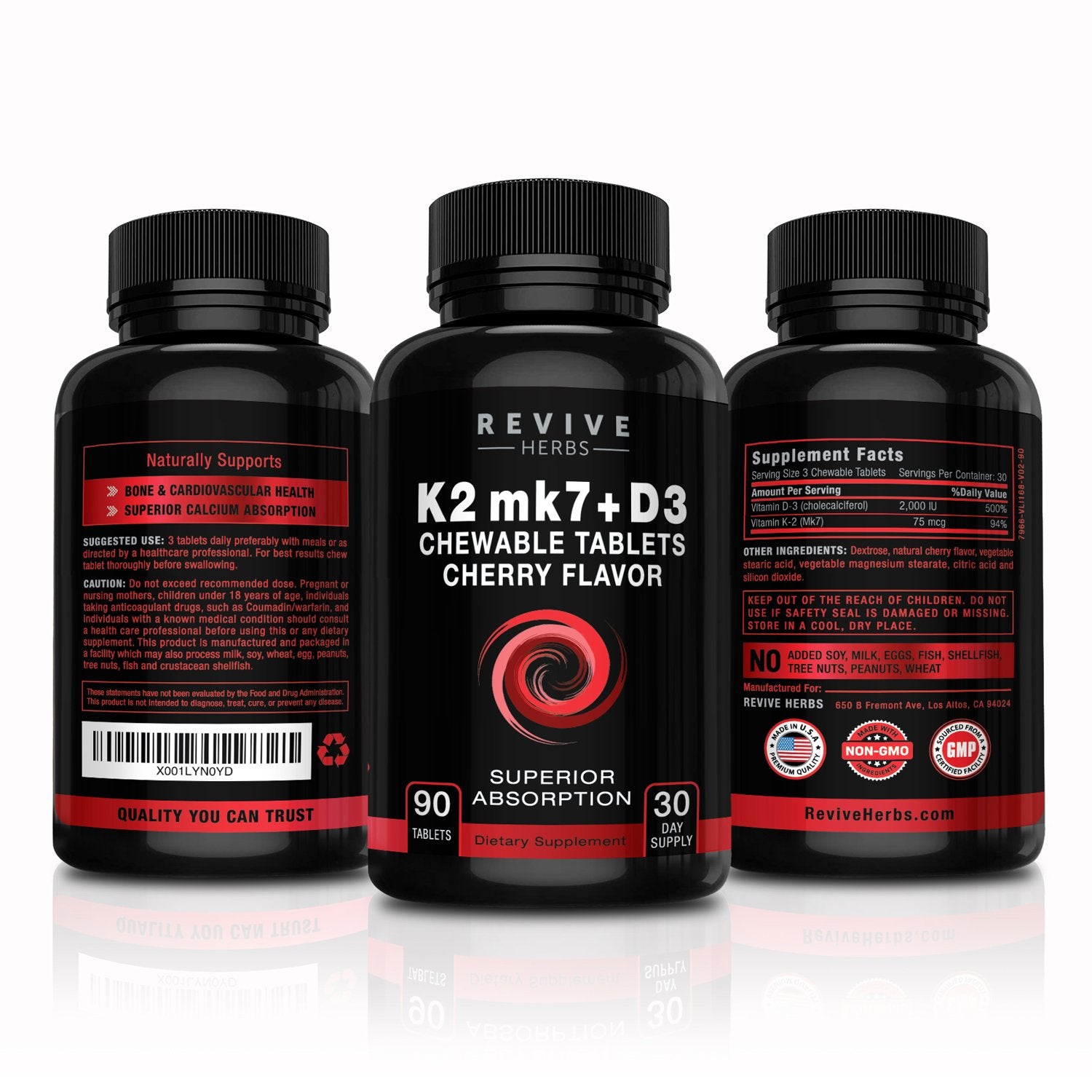 Revive Herbs Vitamin K2 D3 bottle and packaging with cherry flavor