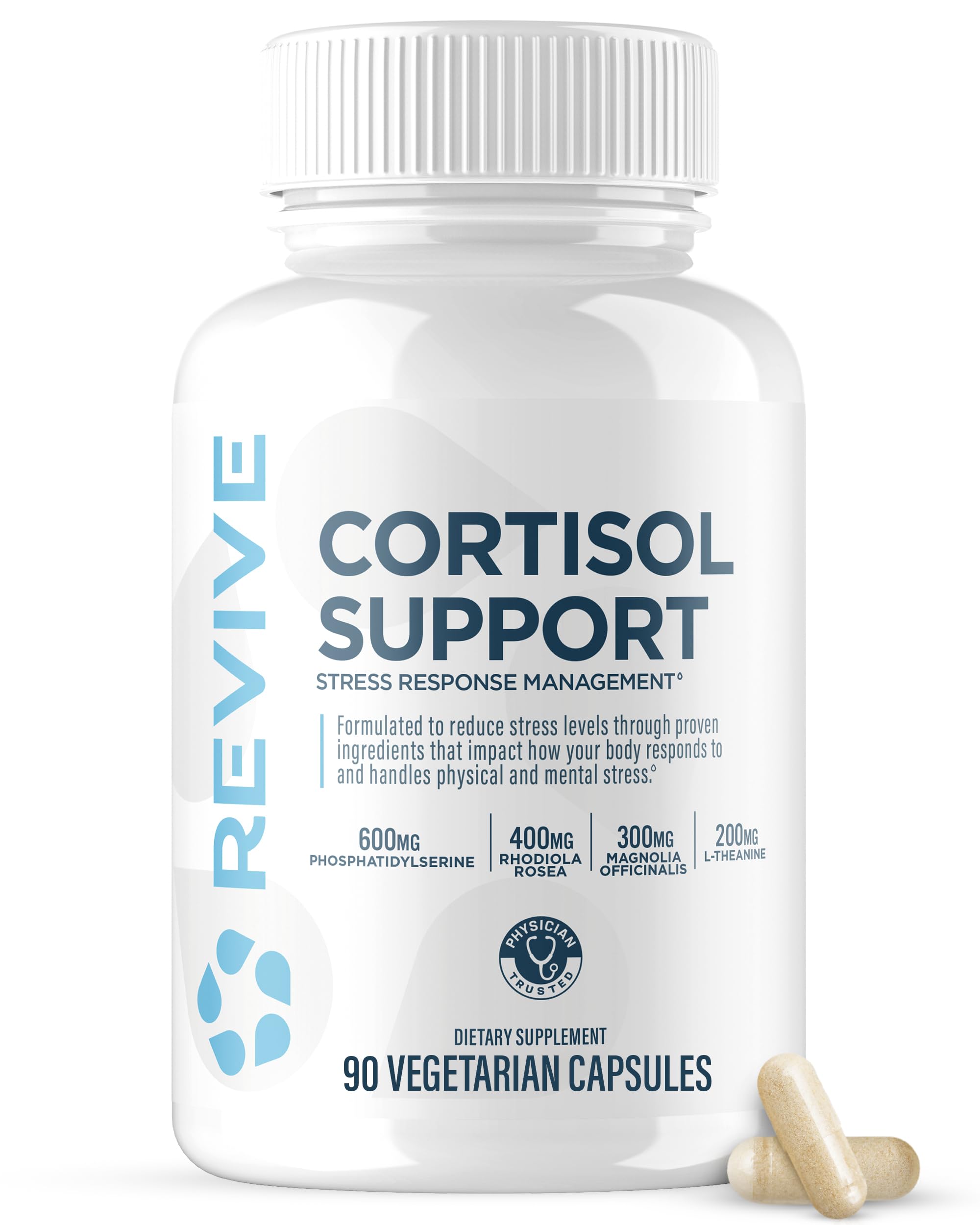 Front view of Revive MD Cortisol Manager bottle with 90 veggie capsules