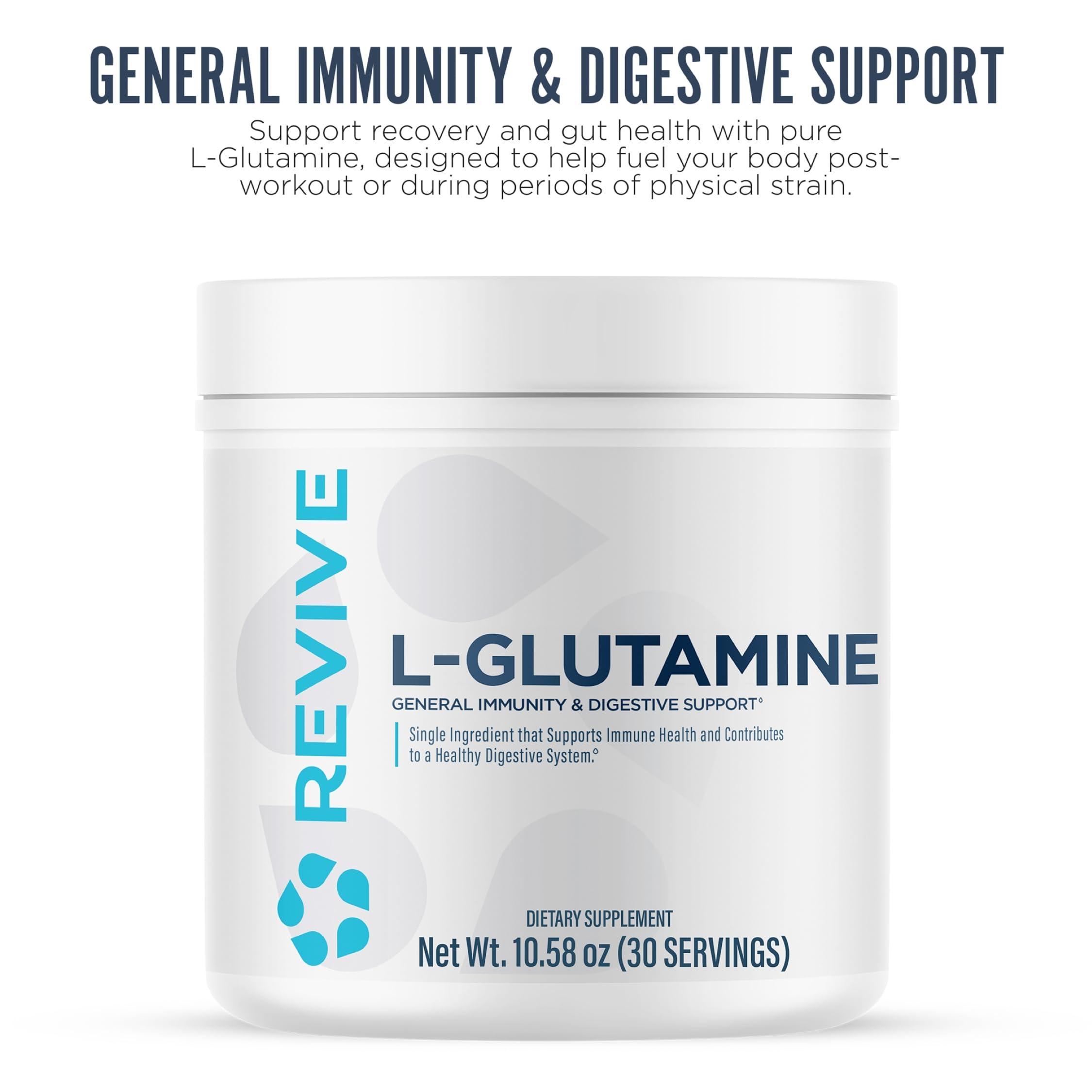 Close-up of Revive MD Glutamine powder tub