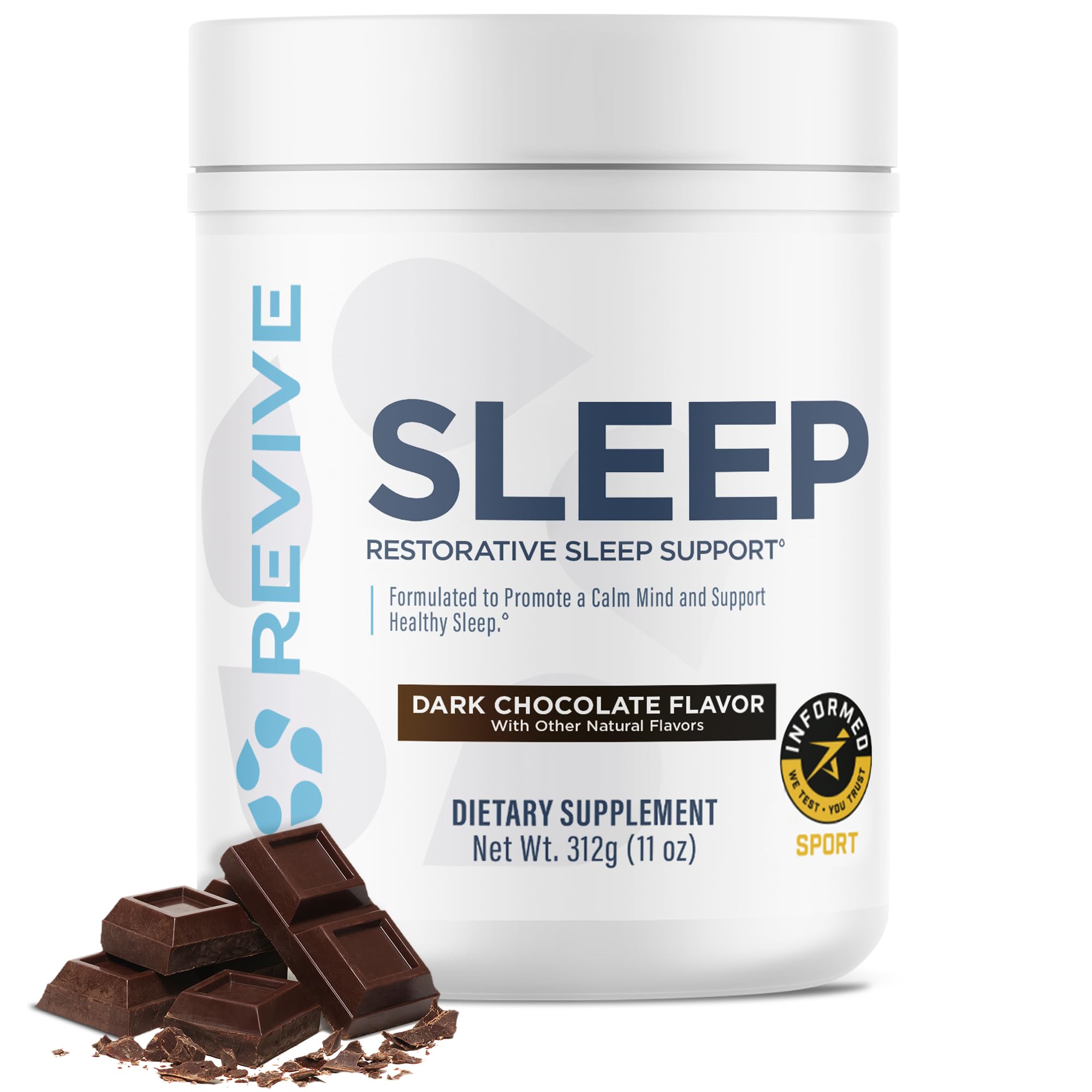Revive MD Sleep Support bottle showing Dark Chocolate flavor and 30 servings