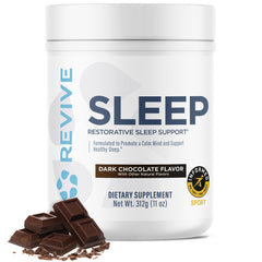 Revive MD Sleep Support bottle showing Dark Chocolate flavor and 30 servings