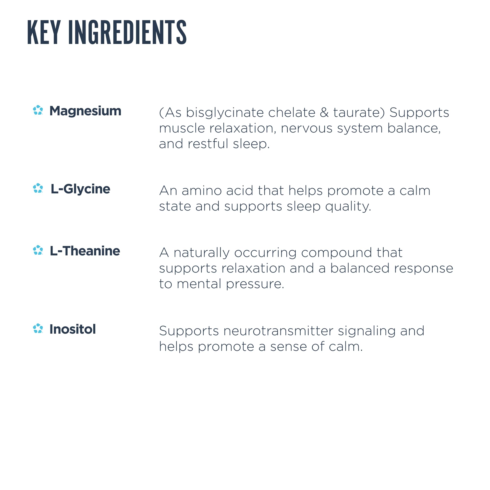 Close-up of key ingredients: Glycine, Inositol, Magnesium Glycinate, L-Theanine
