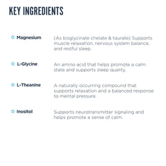 Close-up of key ingredients: Glycine, Inositol, Magnesium Glycinate, L-Theanine