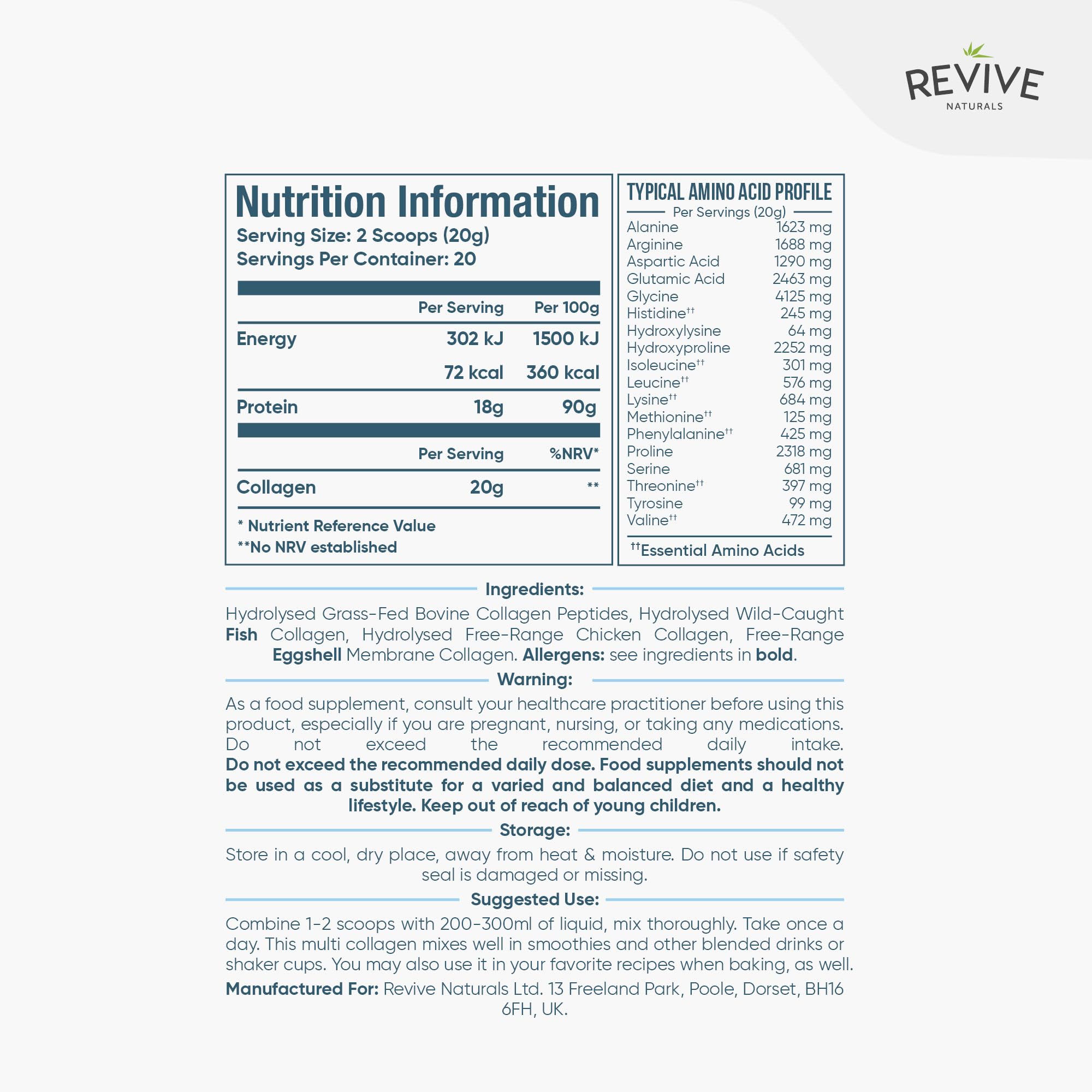 Scoop of collagen powder beside a glass of smoothie