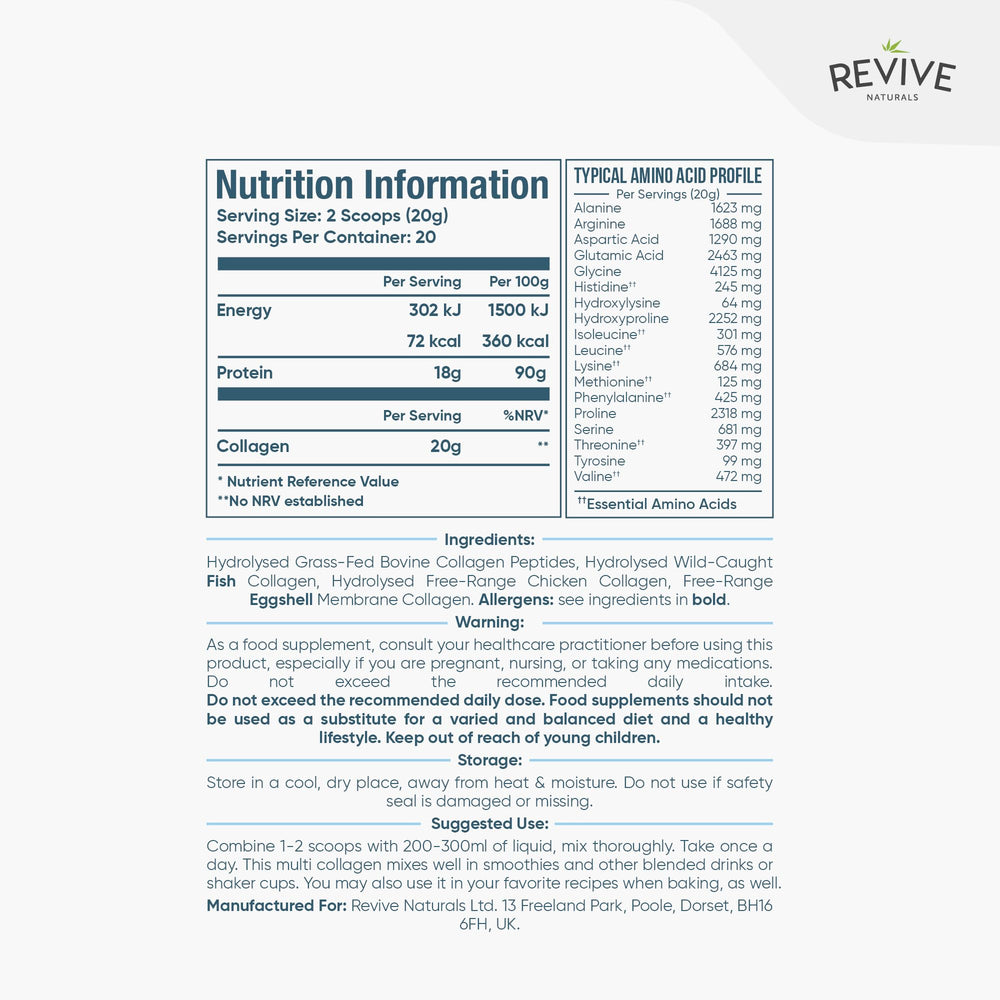 Scoop of collagen powder beside a glass of smoothie