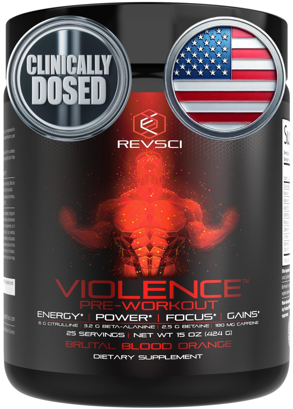 Revolution Science Violence powder tub front shows ready-to-use energy for workouts.