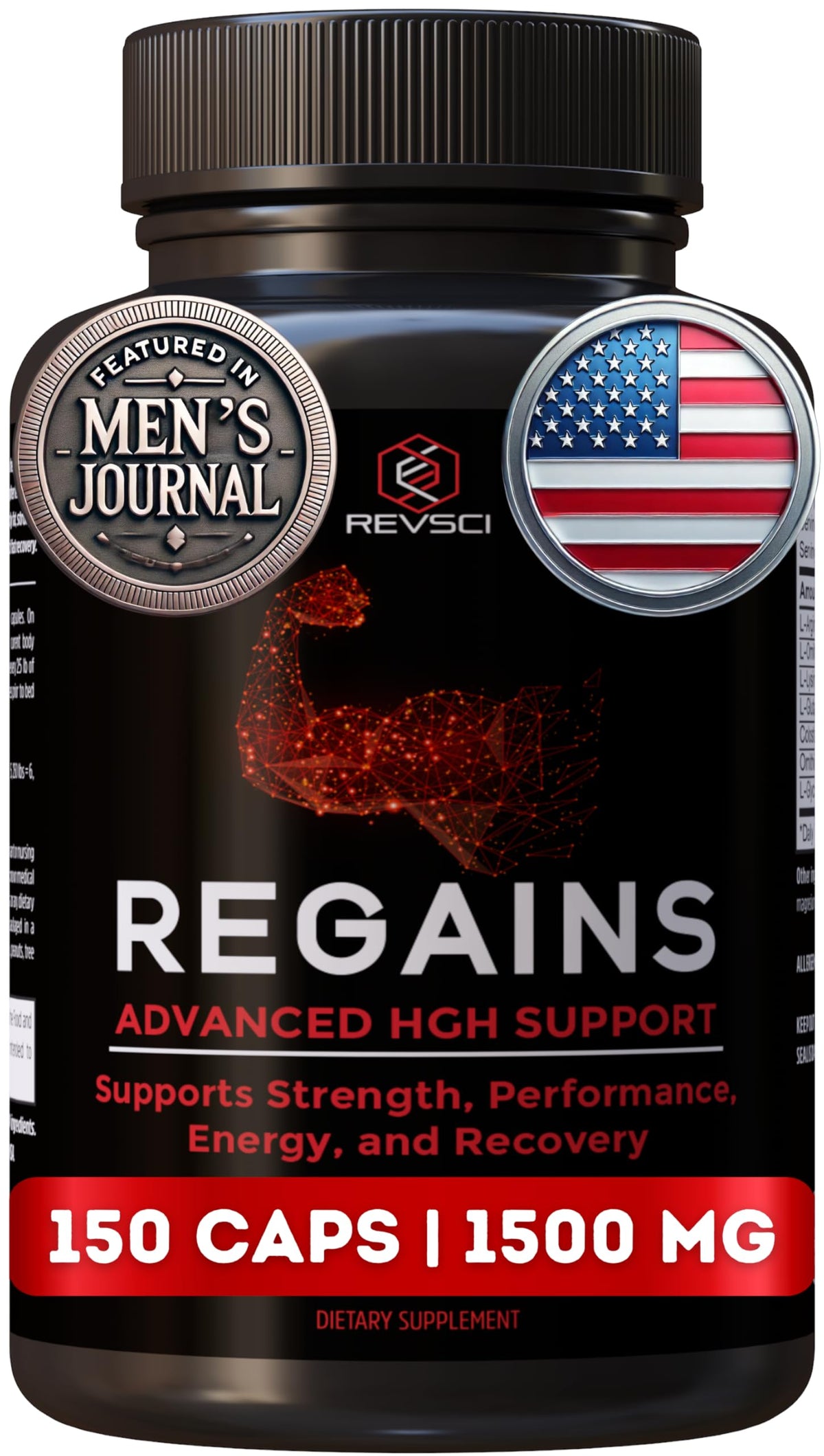 Revolution Science HGH supplements bottle front scene promoting muscle growth potential