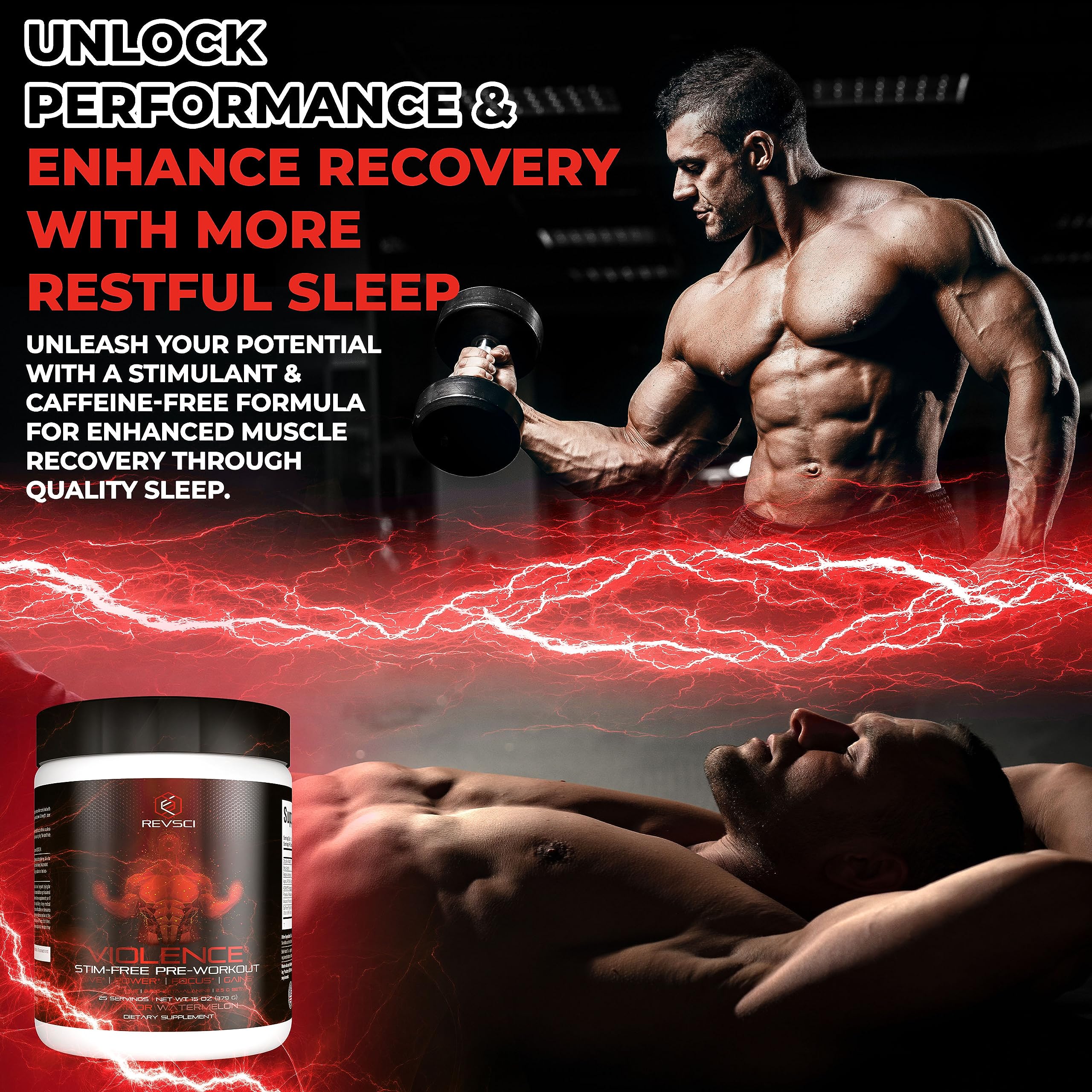 Revolution Science Violence bottle-with-glass demonstrates the Watermelon flavor profile during a post-workout break.