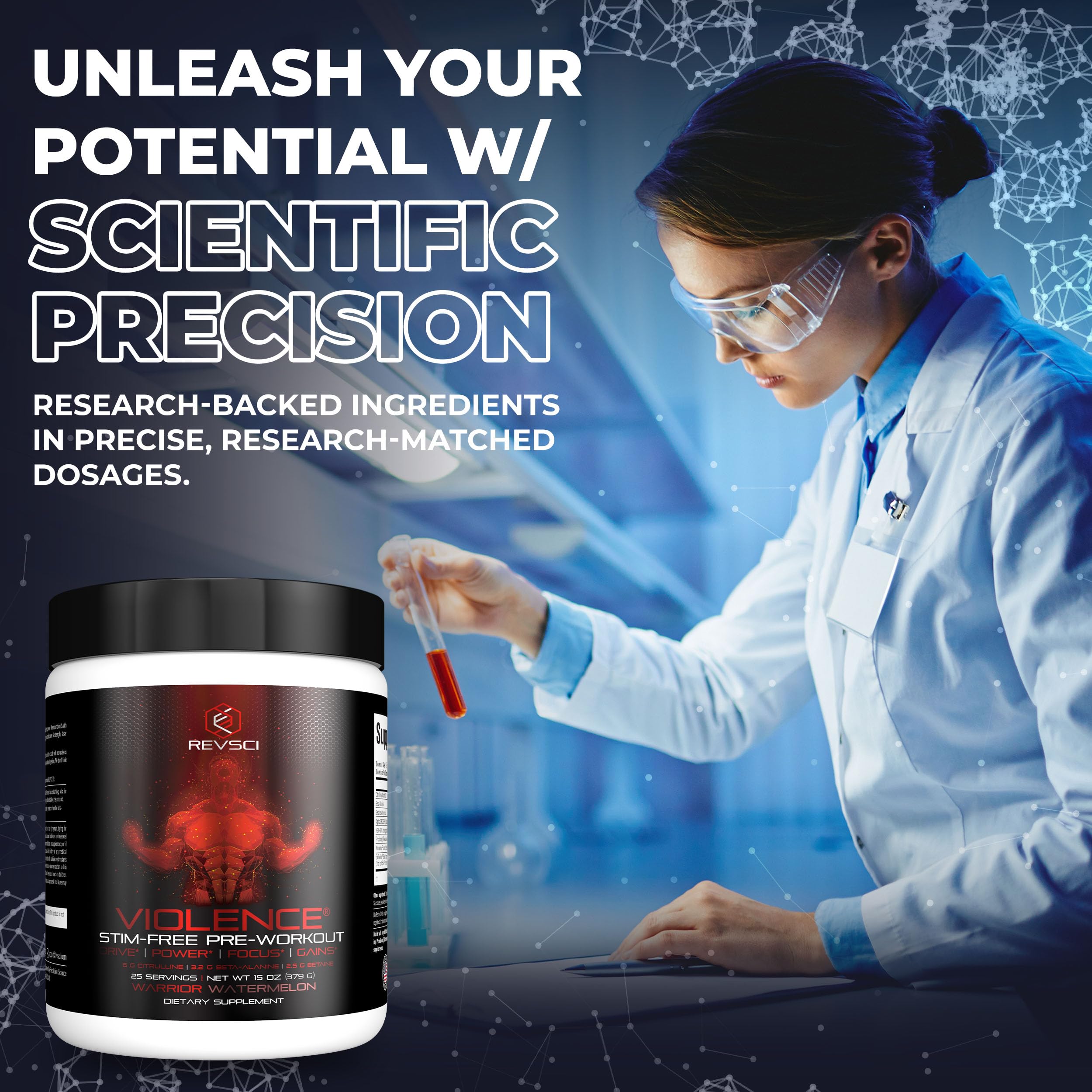 Revolution Science Violence brand-label-closeup highlights transparent dosing and quality promise.