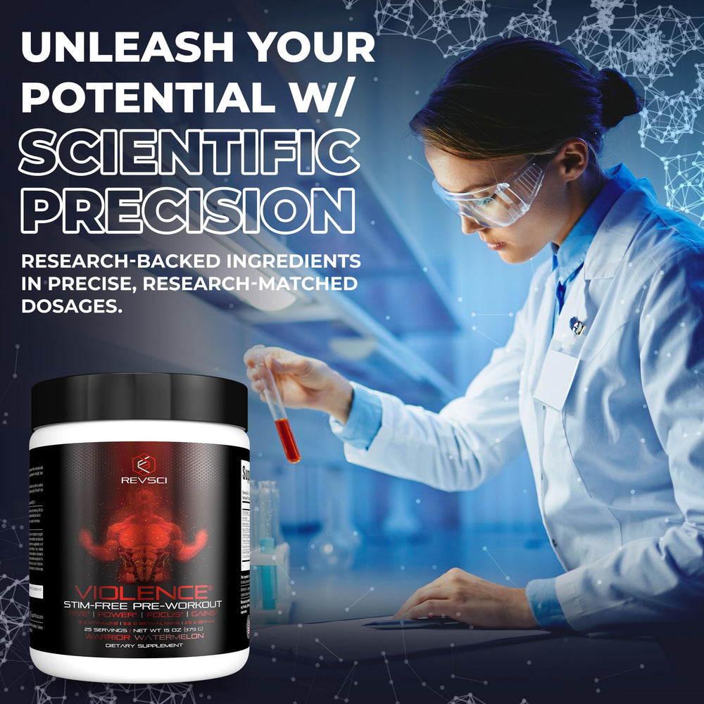 Revolution Science Violence brand-label-closeup highlights transparent dosing and quality promise.