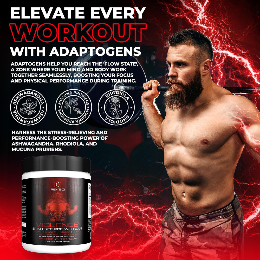 Revolution Science Violence stimulant-free gear showcases a non-stim pre-workout for late-day sessions.