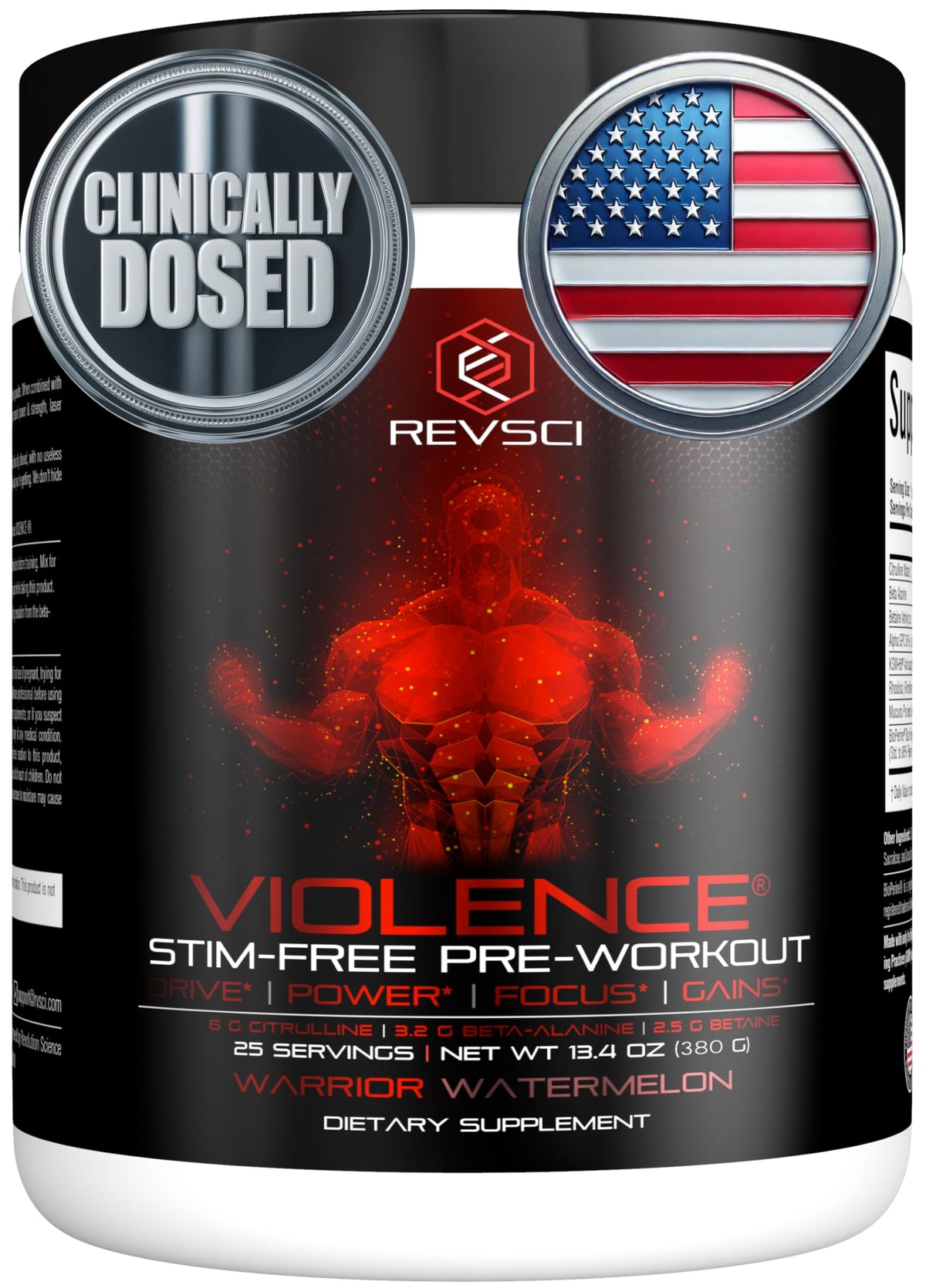 Revolution Science Violence Watermelon bottle front shows caffeine-free pump option.