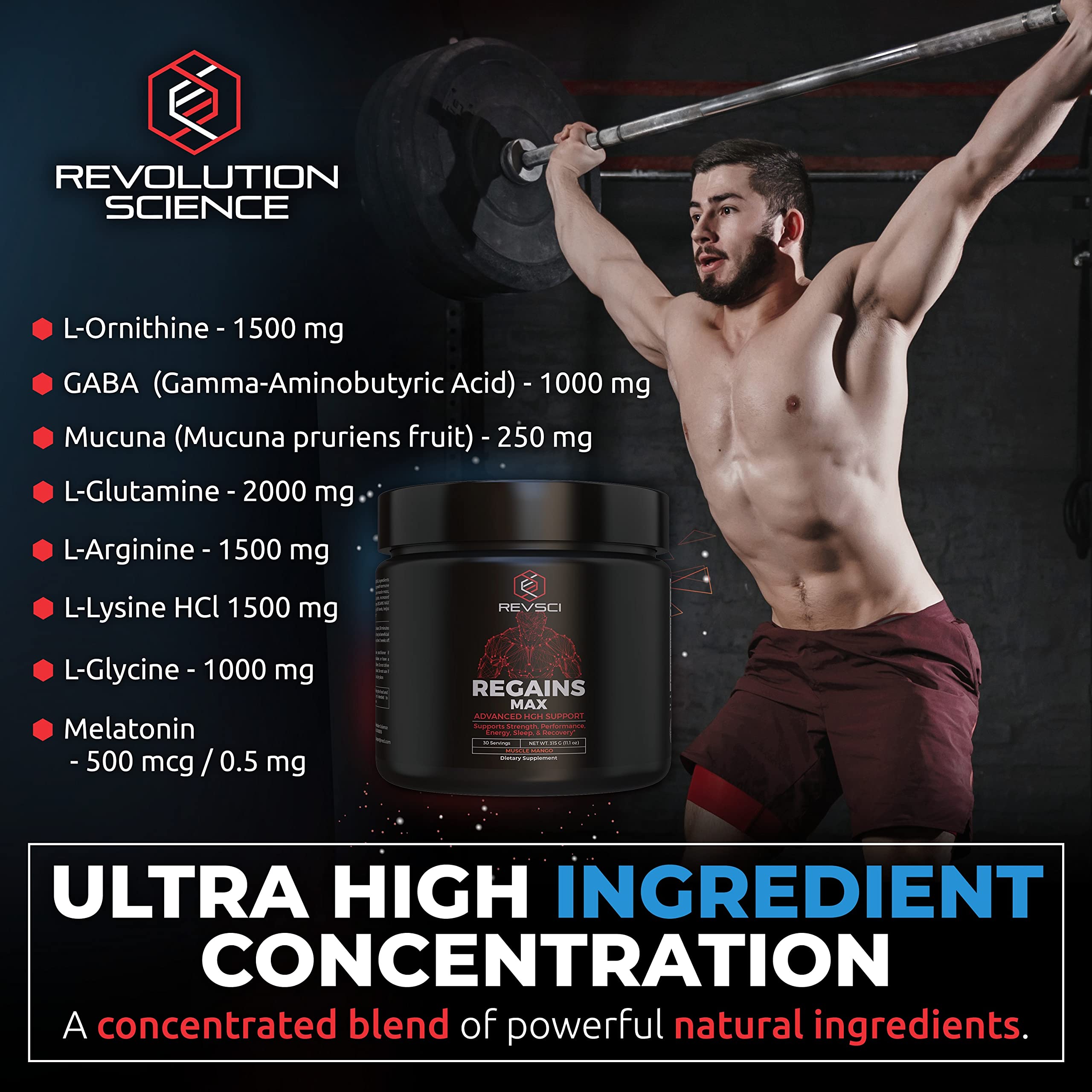 Revolution Science Regains Max on gym bench after workout supports faster recovery.