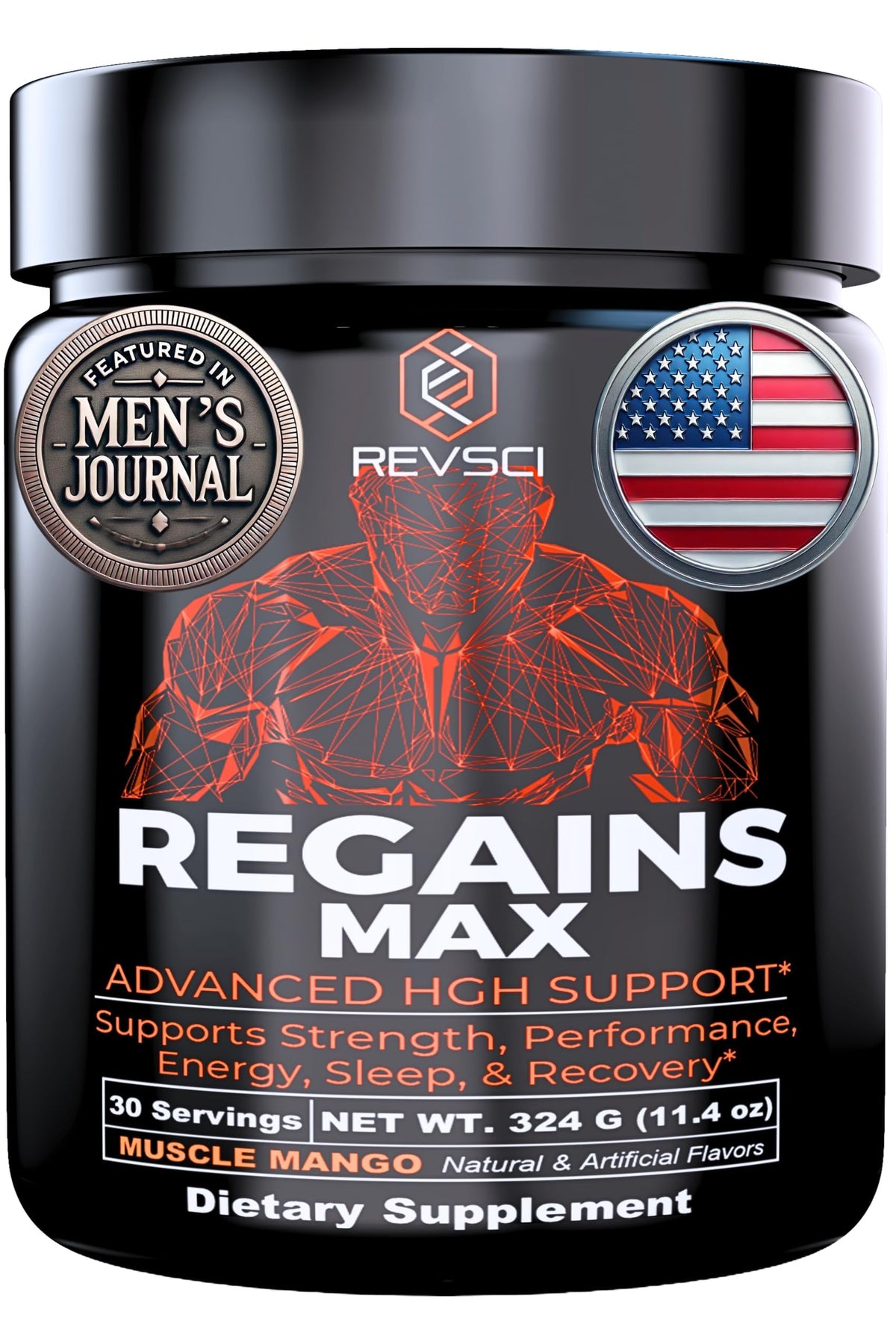 Revolution Science Regains Max bottle front highlights post-workout recovery potential.