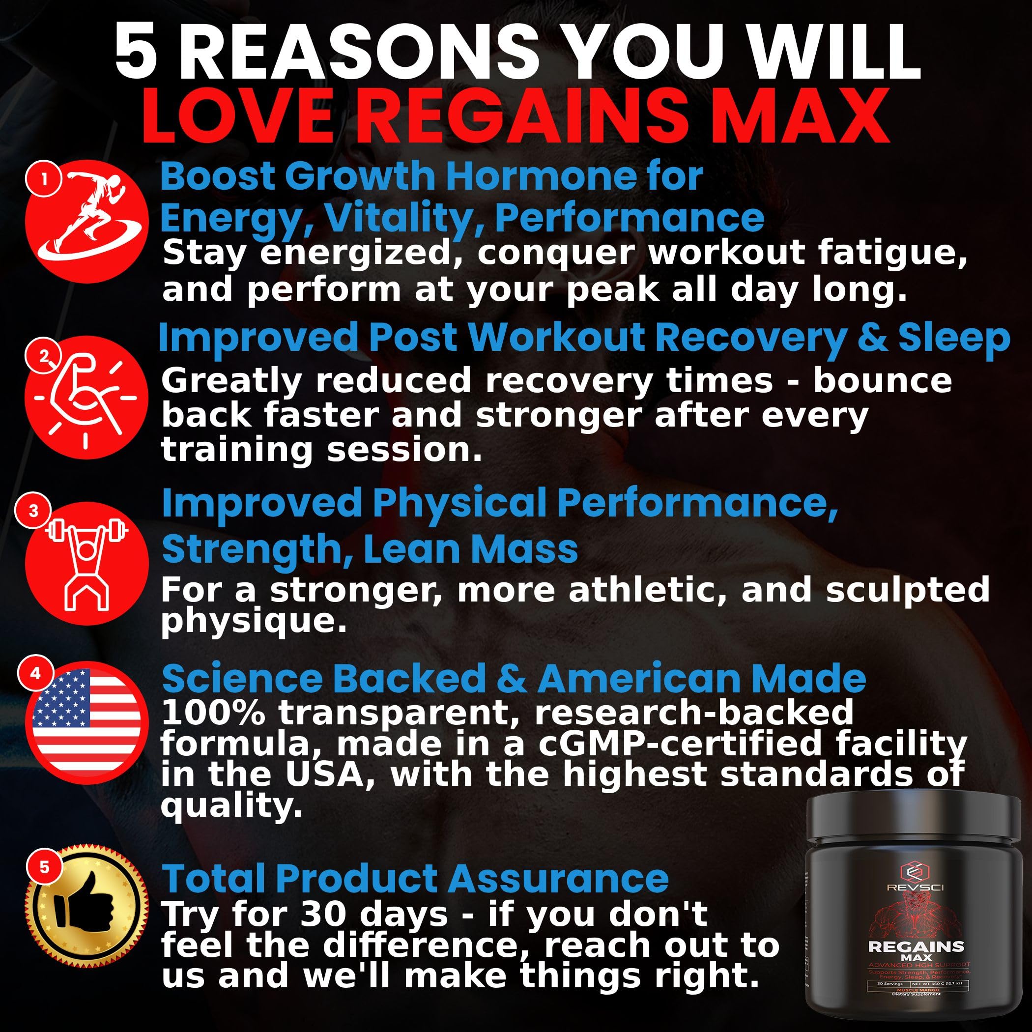 Revolution Science Regains Max bottle side highlights compact, easy-to-use HGH support.