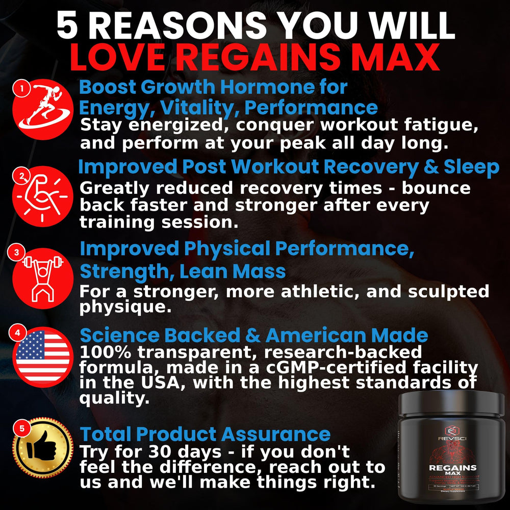 Revolution Science Regains Max bottle side highlights compact, easy-to-use HGH support.