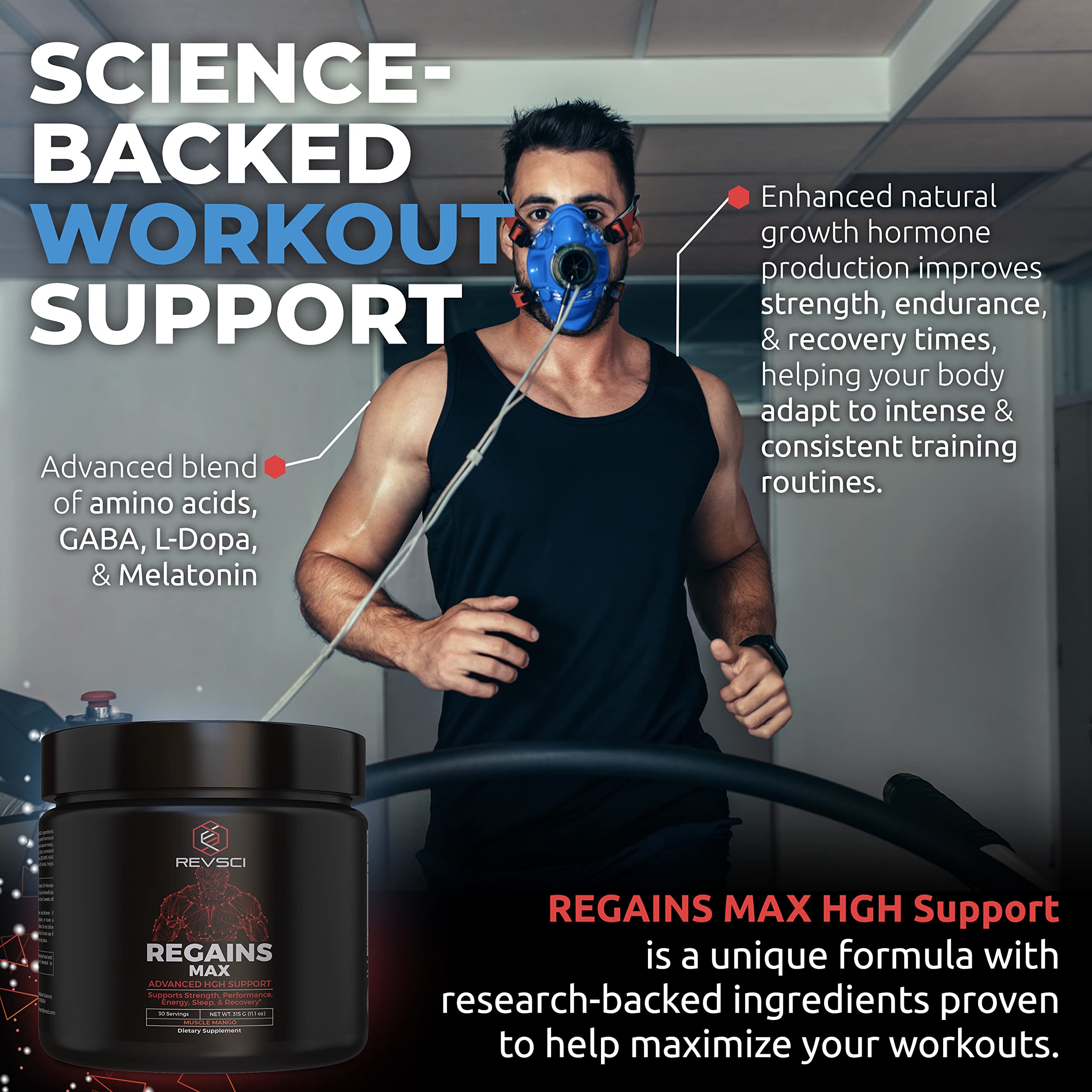 Revolution Science Regains Max tub label shows amino acids blend for muscle recovery.