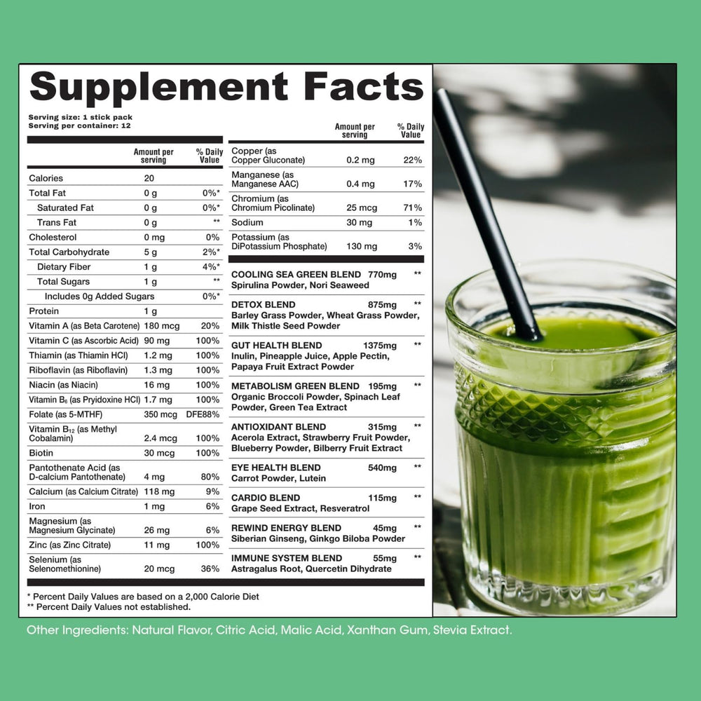 40+ superfoods per serving in Rewind Greens Vita Variety Sticks