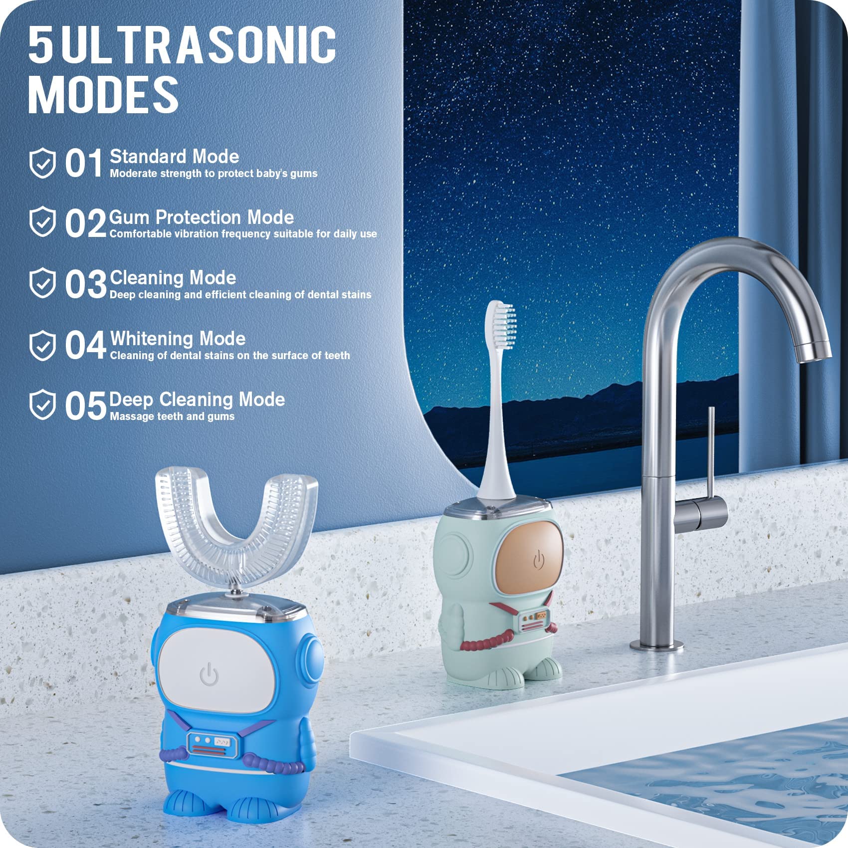 RexCodar kids toothbrush blue four-head set (two silicone U-shaped, two soft)