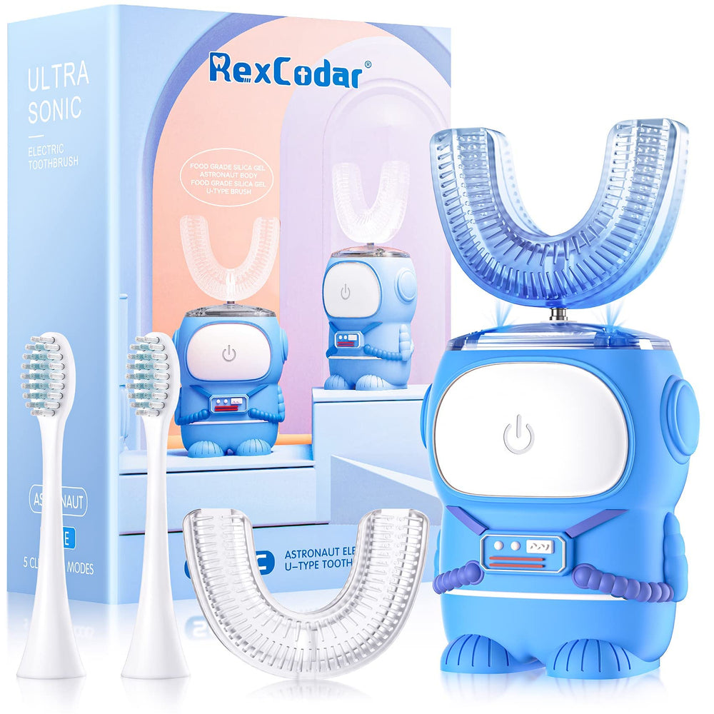 RexCodar kids toothbrush blue front view with U-shaped head