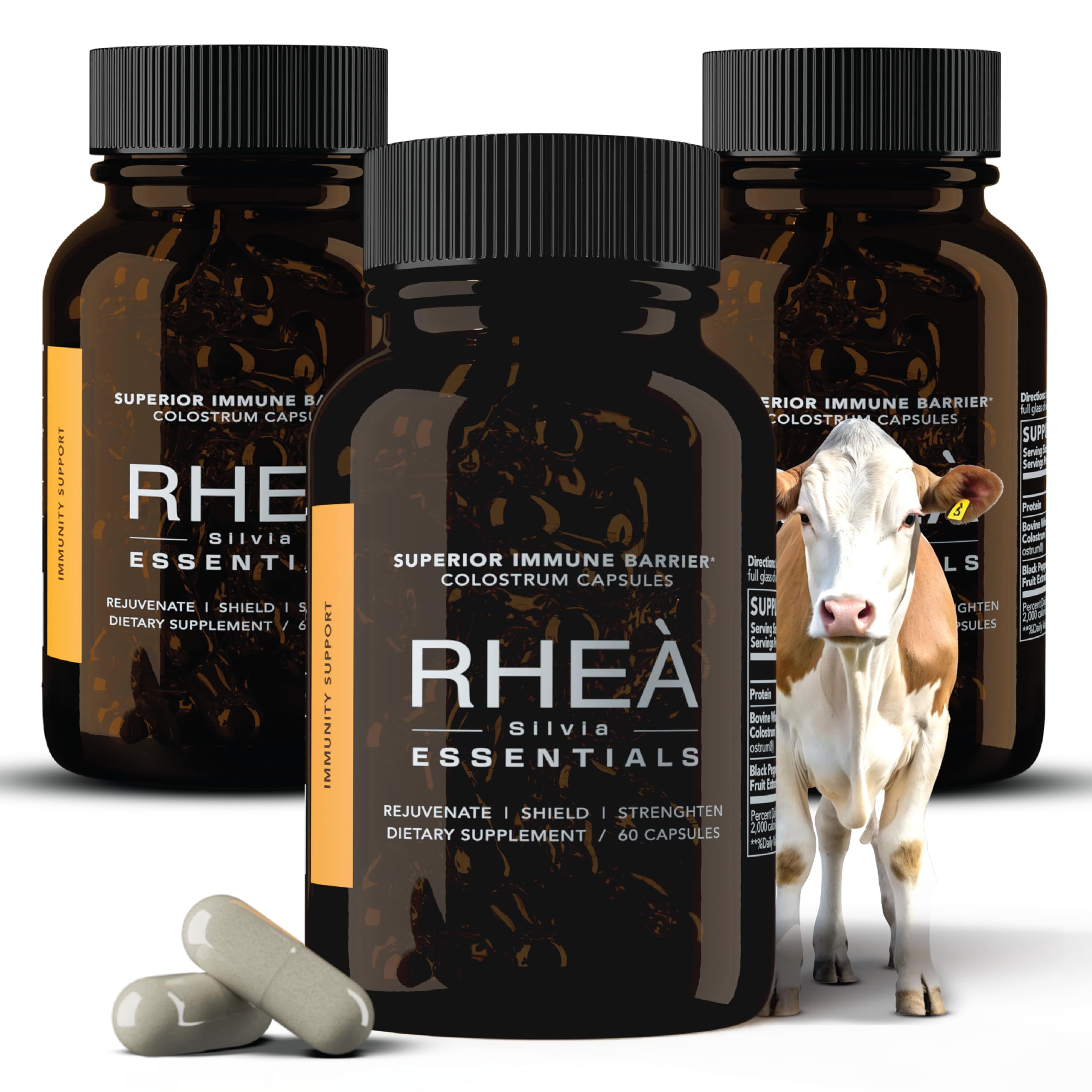Bottle of RHEA Essentials Colostrum capsules for women with 180-count label