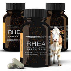 Bottle of RHEA Essentials Colostrum capsules for women with 180-count label