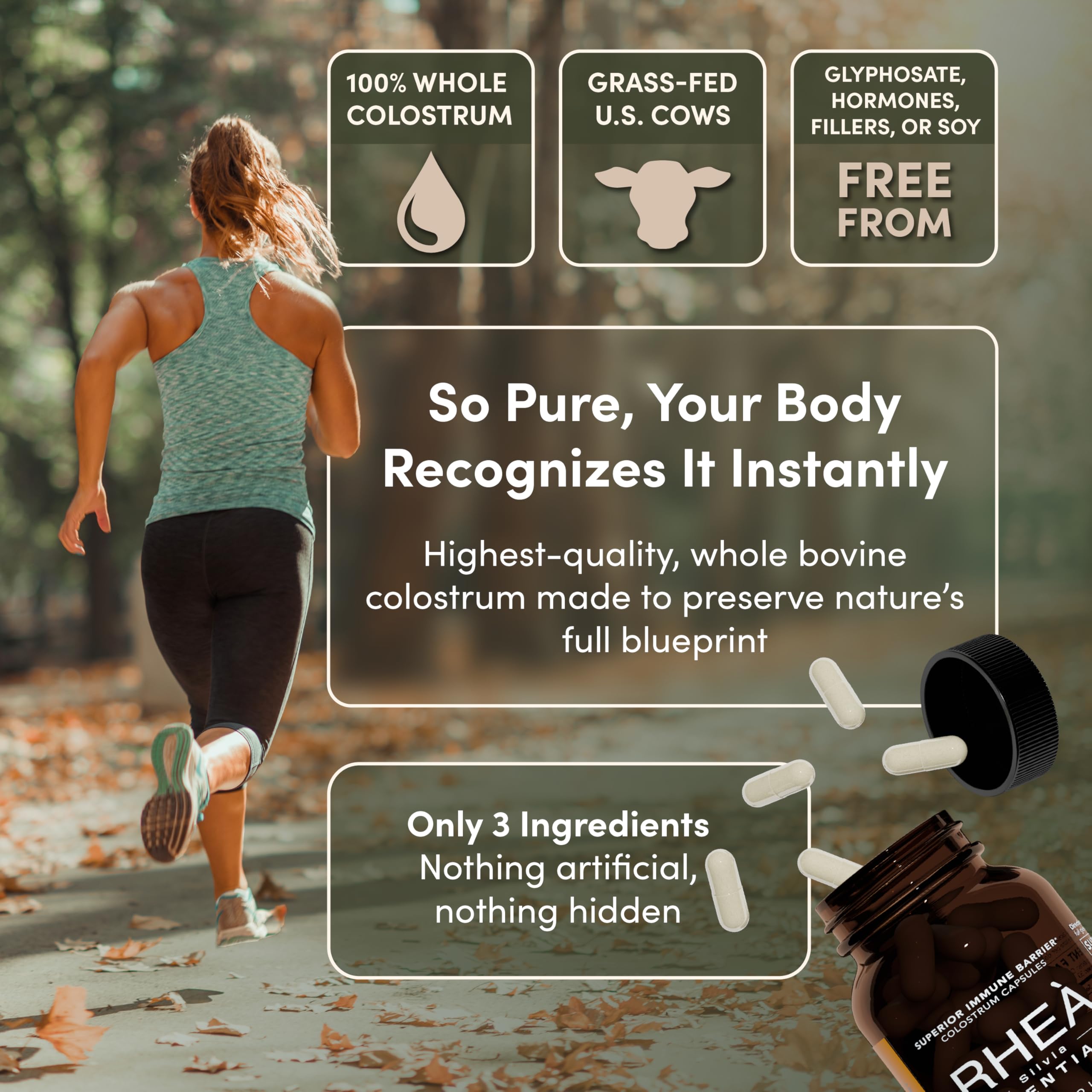 RHEA Essentials colostrum capsules for immune support and digestion