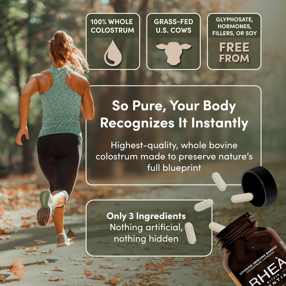 RHEA Essentials colostrum capsules for immune support and digestion