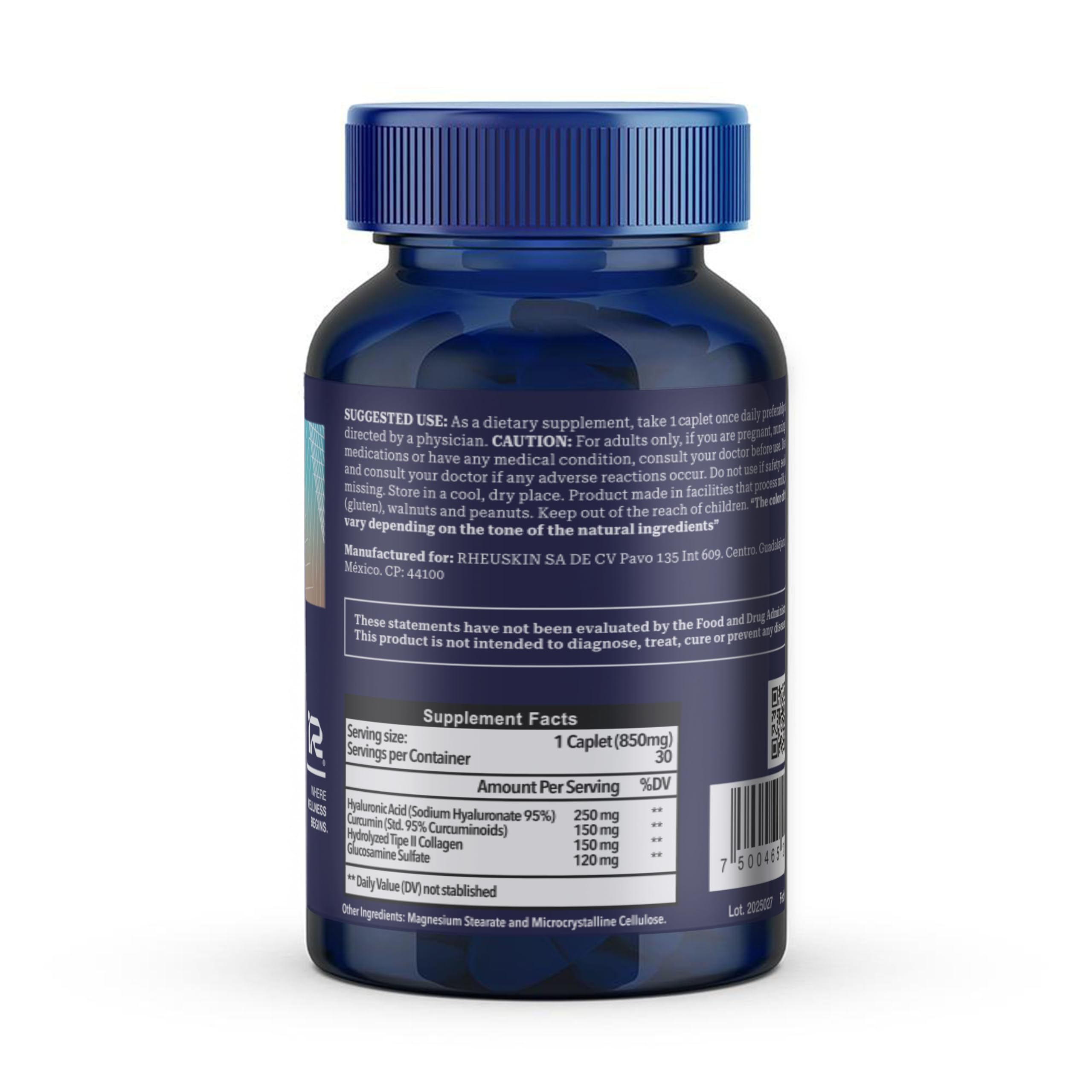 Rheuskin Motion bottle – back label with dosage information