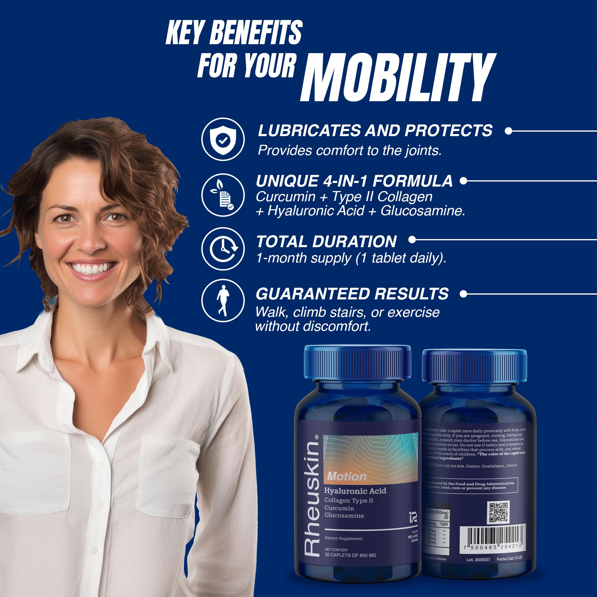 Close-up of Rheuskin Motion caplets (850 mg each)