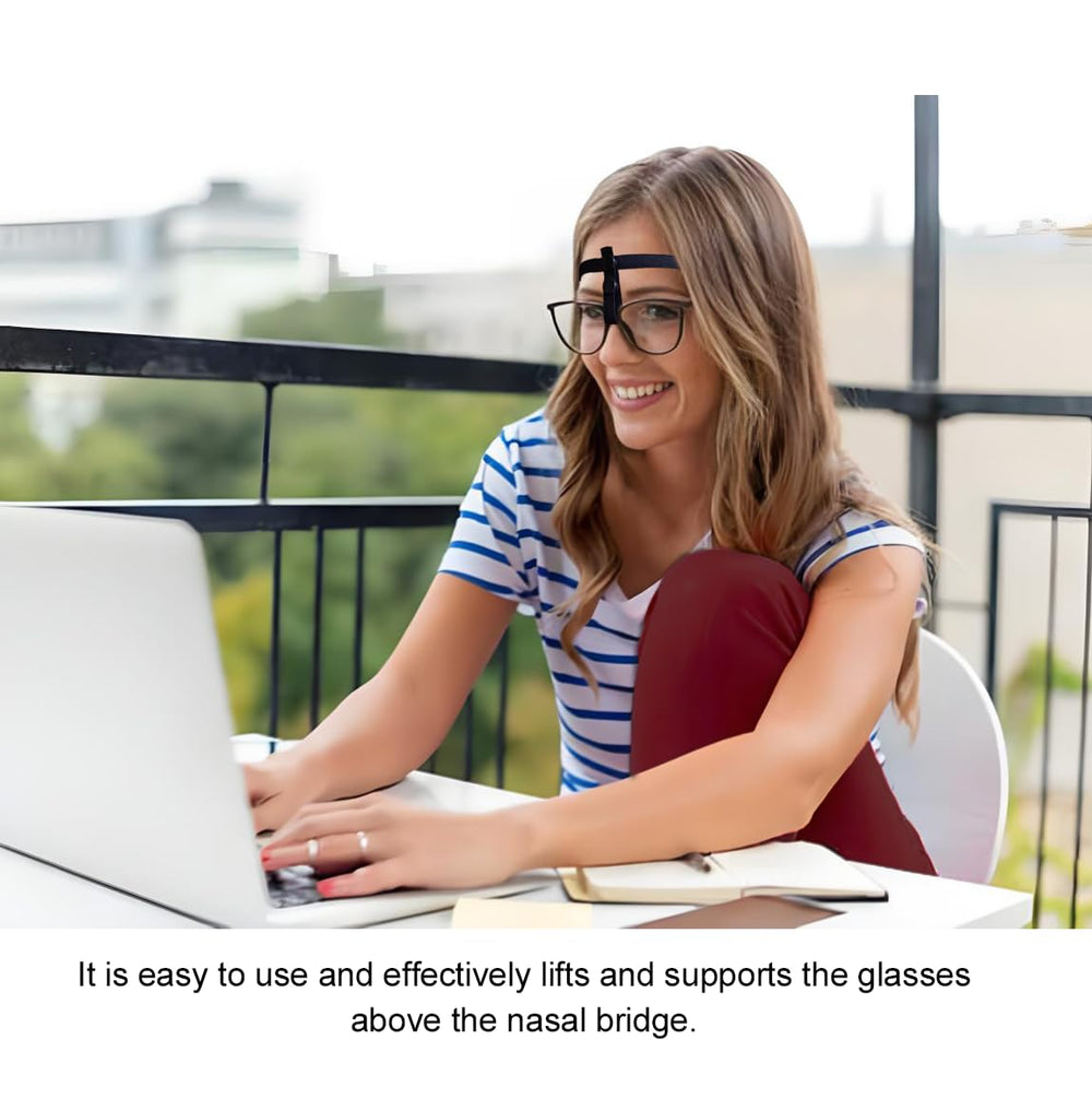 Glasses suspended from the elastic headband to avoid pressure on the nasal bridge