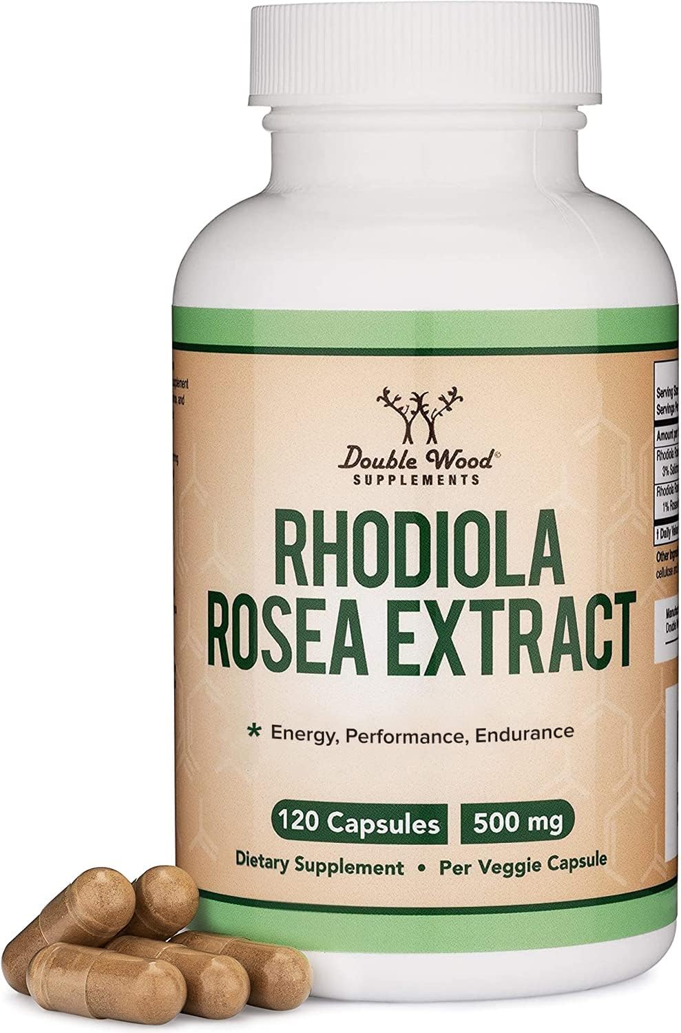 Rhodiola Rosea 500mg bottle with 120 vegan capsules