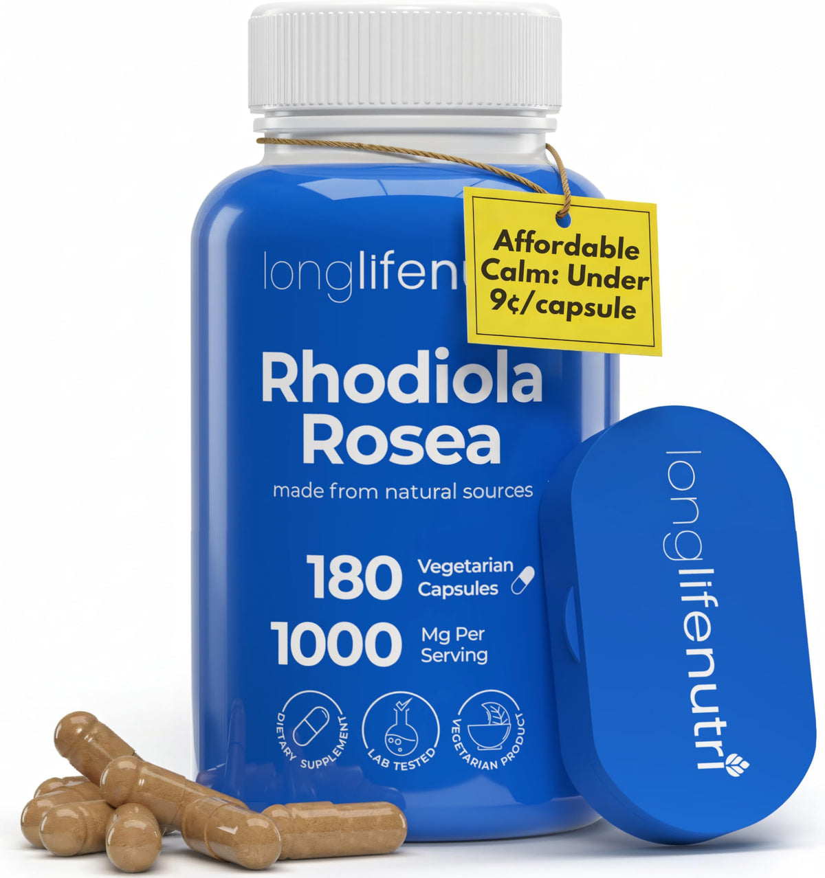 LongLifeNutri Rhodiola Rosea 500mg bottle with 180 vegetarian capsules