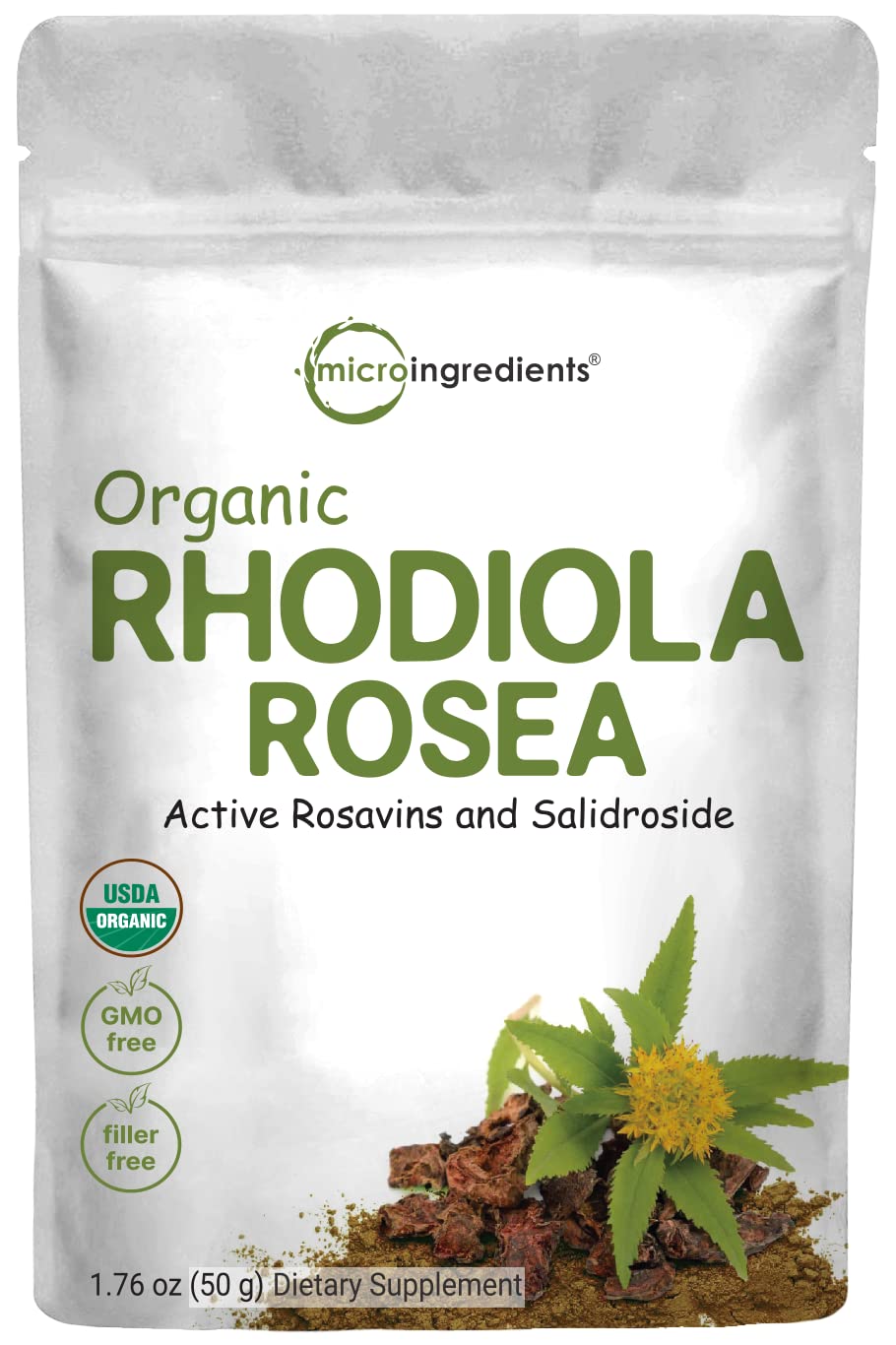 Front view of Micro Ingredients Rhodiola Rosea extract powder 50g pouch