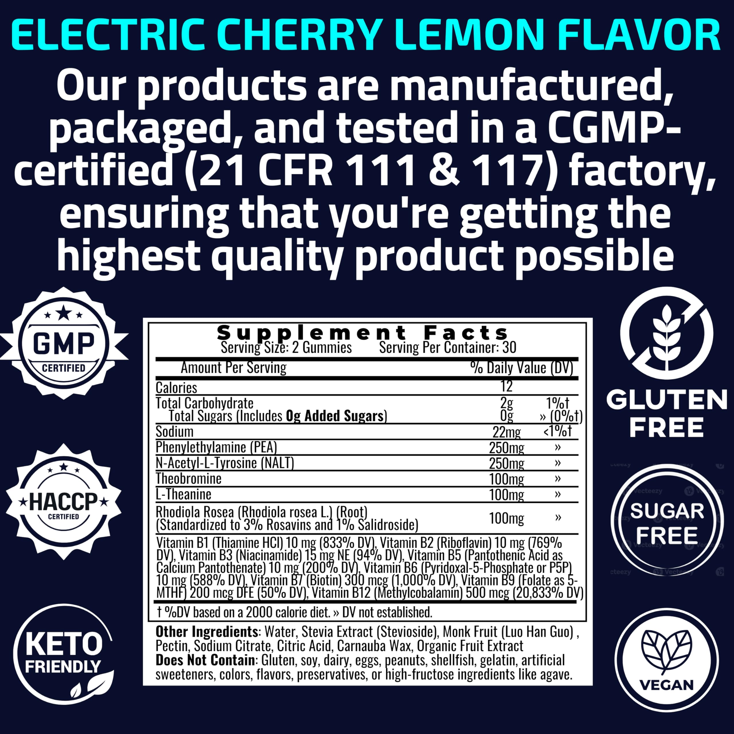 Gummies bottle shown with monk fruit and stevia sweeteners